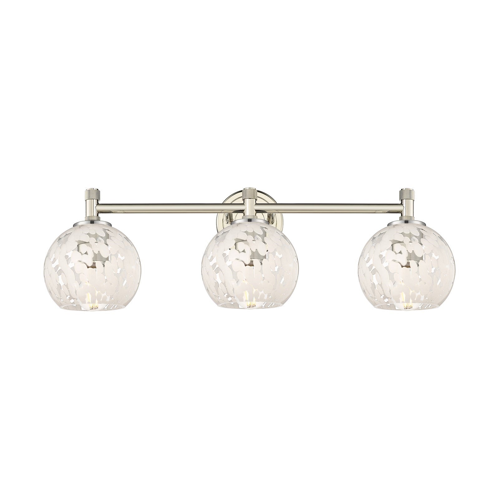 Innovations White Mouchette 24in 3-Light Bath Vanity | Industrial Polished Nickel and White Mouchette Glass | Bathroom | Model 434-3W-PN-G1216-6WM