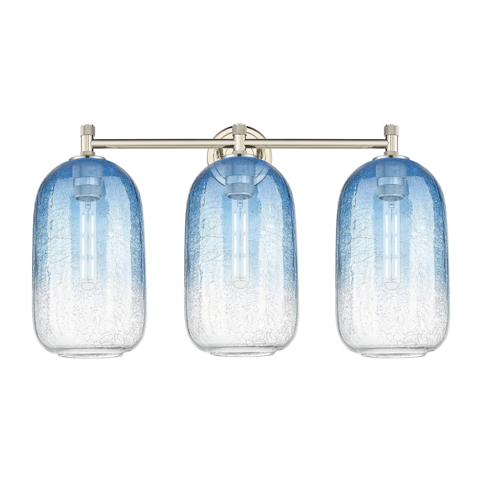 Innovations Brookhaven Cloche 25in 3-Light Bath Vanity Light | Industrial Polished Nickel and Sapphire Blue Glass | Model 434-3W-PN-G482-7SB