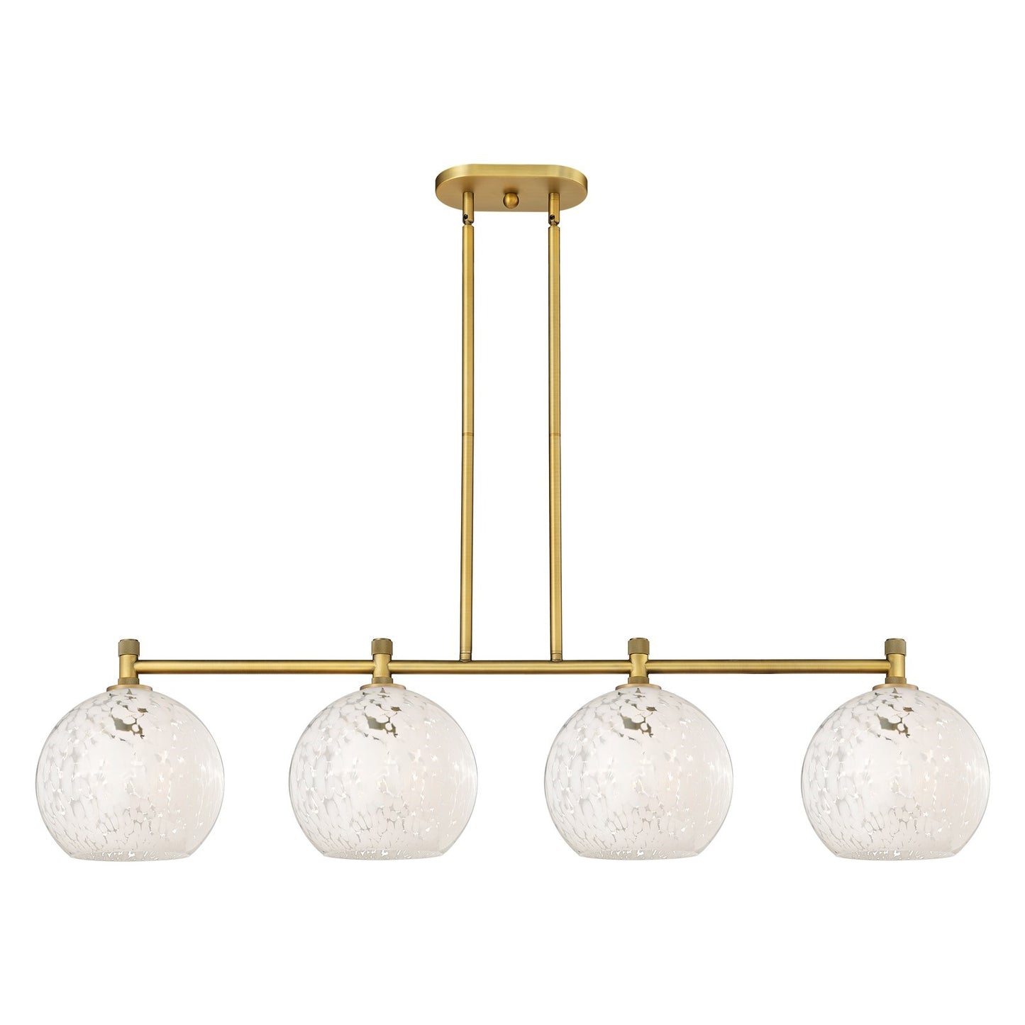 Innovations White Mouchette 50in 4-Light Island | Industrial Brushed Brass and White Glass | Kitchen Island & Dining | Model 434-4I-BB-G1216-10WM