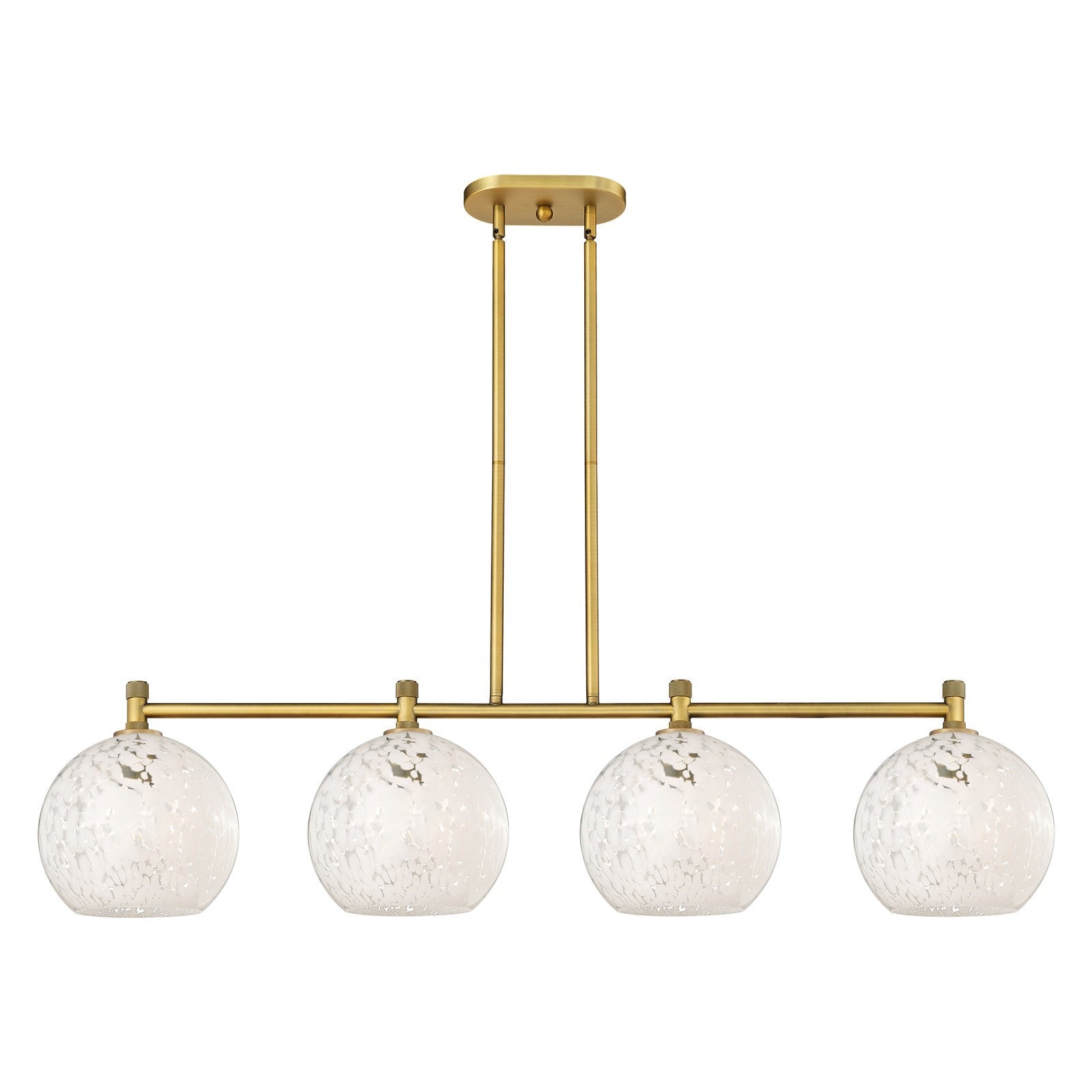Innovations White Mouchette 50in 4-Light Island | Industrial Brushed Brass and White Glass | Kitchen Island & Dining | Model 434-4I-BB-G1216-10WM