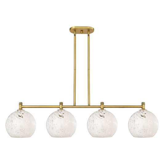 Innovations White Mouchette 50in 4-Light Island | Industrial Brushed Brass and White Glass | Kitchen Island & Dining | Model 434-4I-BB-G1216-10WM