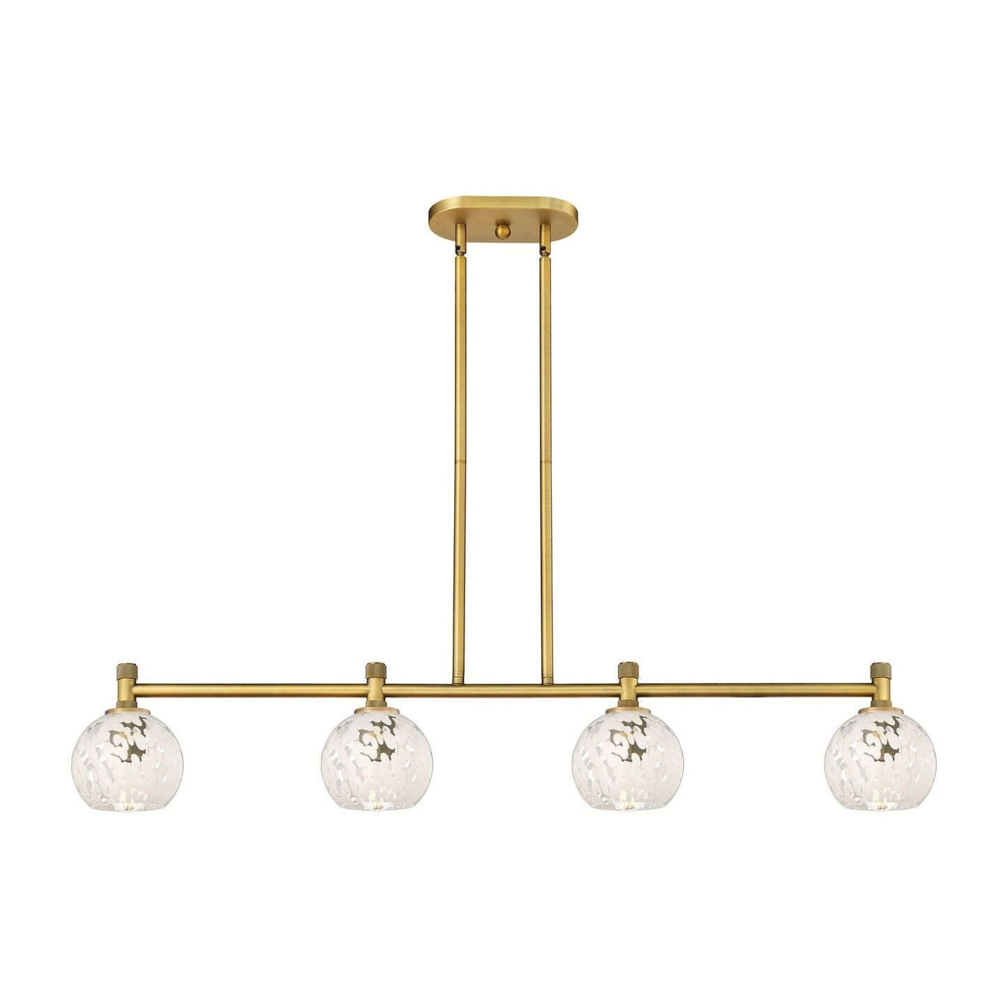 Innovations White Mouchette 46in 4-Light Island | Industrial Brushed Brass and White Glass | Kitchen Island & Dining Room | Model 434-4I-BB-G1216-6WM