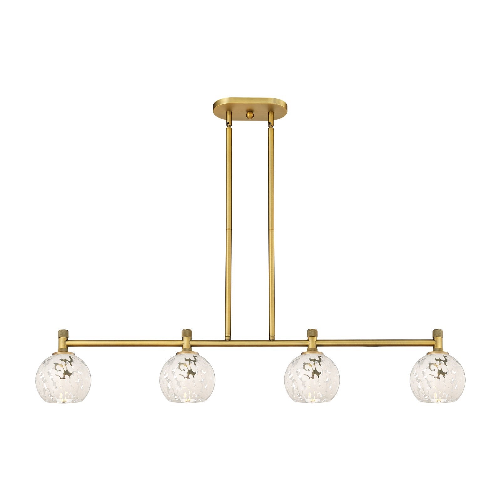 Innovations White Mouchette 46in 4-Light Island | Industrial Brushed Brass and White Glass | Kitchen Island & Dining Room | Model 434-4I-BB-G1216-6WM
