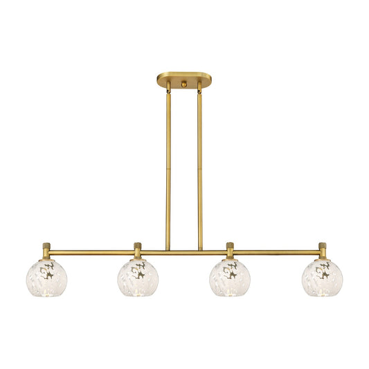 Innovations White Mouchette 46in 4-Light Island | Industrial Brushed Brass and White Glass | Kitchen Island & Dining Room | Model 434-4I-BB-G1216-6WM
