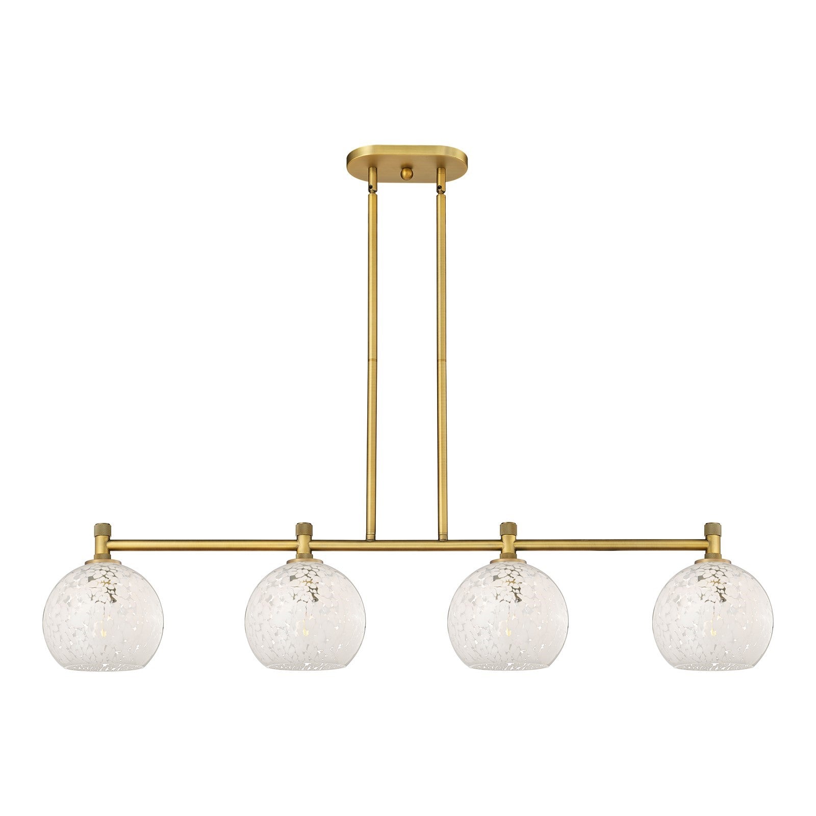 Innovations White Mouchette 48in 4-Light Island Light | Industrial Brushed Brass and White Mouchette Glass | Kitchen | Model 434-4I-BB-G1216-8WM