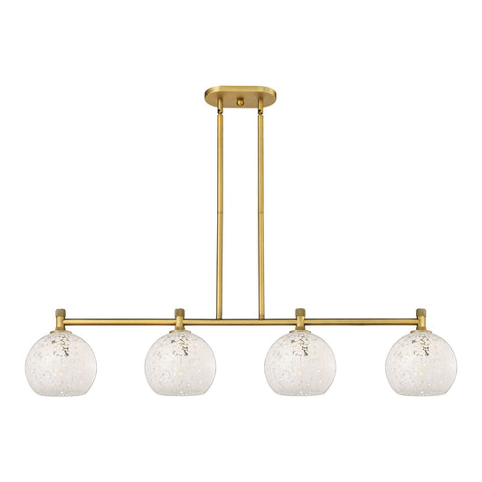 Innovations White Mouchette 48in 4-Light Island Light | Industrial Brushed Brass and White Mouchette Glass | Kitchen | Model 434-4I-BB-G1216-8WM