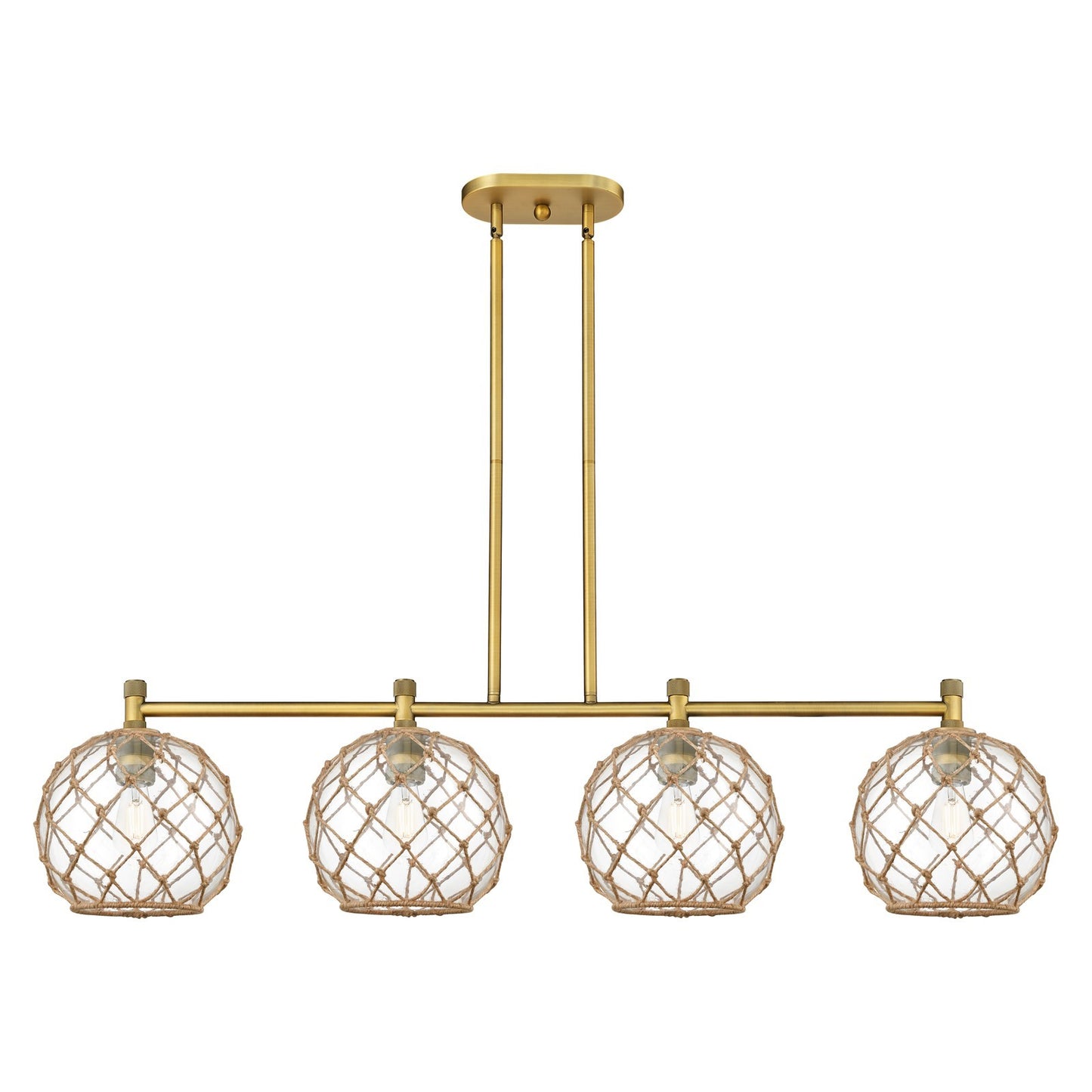 Innovations Farmhouse Rope 50in 4-Light Island Light | Industrial Brushed Brass and Clear Glass with Brown Rope | Kitchen | Model 434-4I-BB-G122-10RB