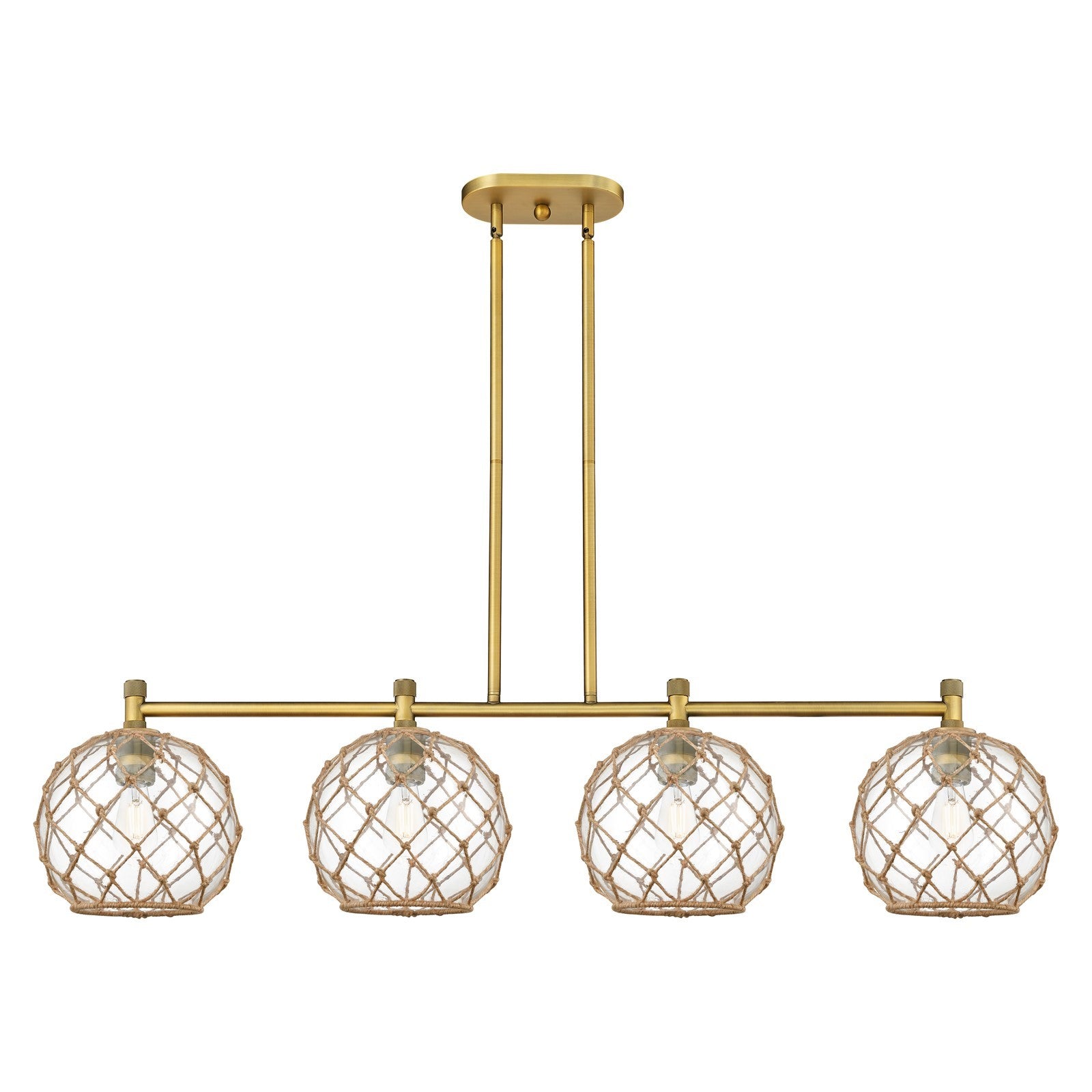 Innovations Farmhouse Rope 50in 4-Light Island Light | Industrial Brushed Brass and Clear Glass with Brown Rope | Kitchen | Model 434-4I-BB-G122-10RB