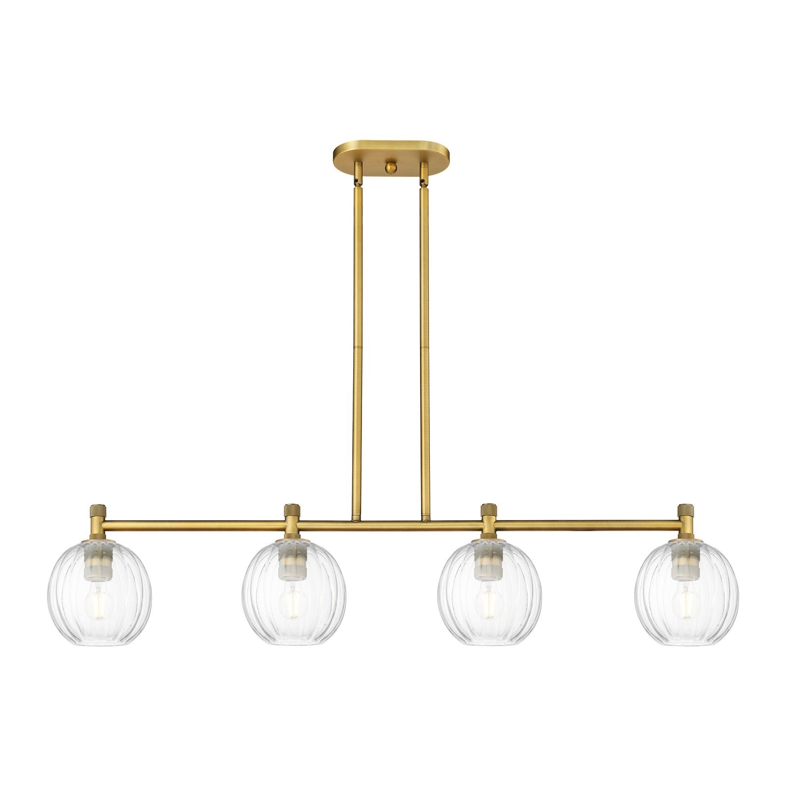 Innovations Preston Globe 47in 4-Light Island | Industrial Brushed Brass and Clear Glass | Kitchen Island & Dining Room | Model 434-4I-BB-G458-7CL
