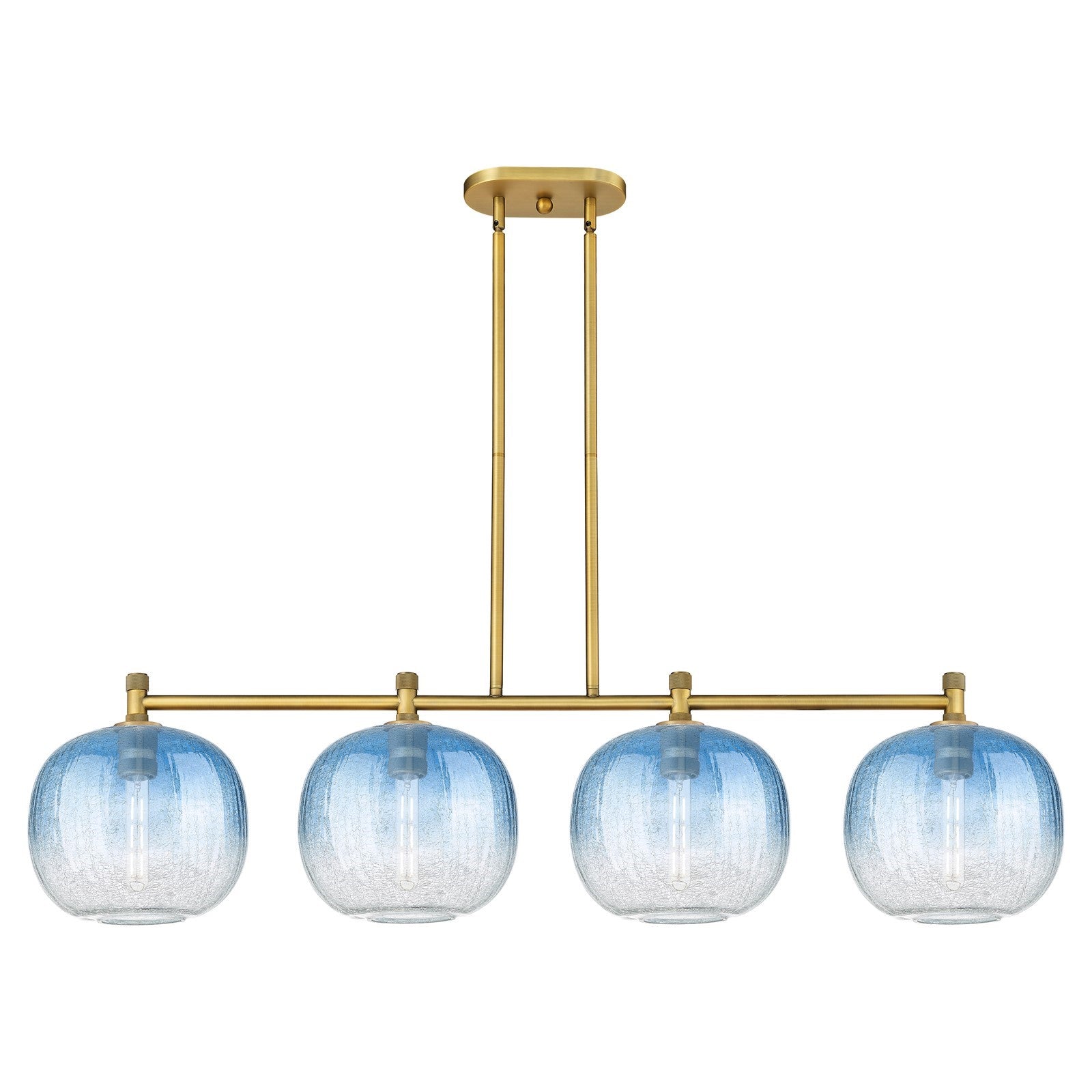 Innovations Brookhaven Sphere 51in 4-Light Island Light | Industrial Brushed Brass and Sapphire Blue Glass | Kitchen | Model 434-4I-BB-G481-10SB