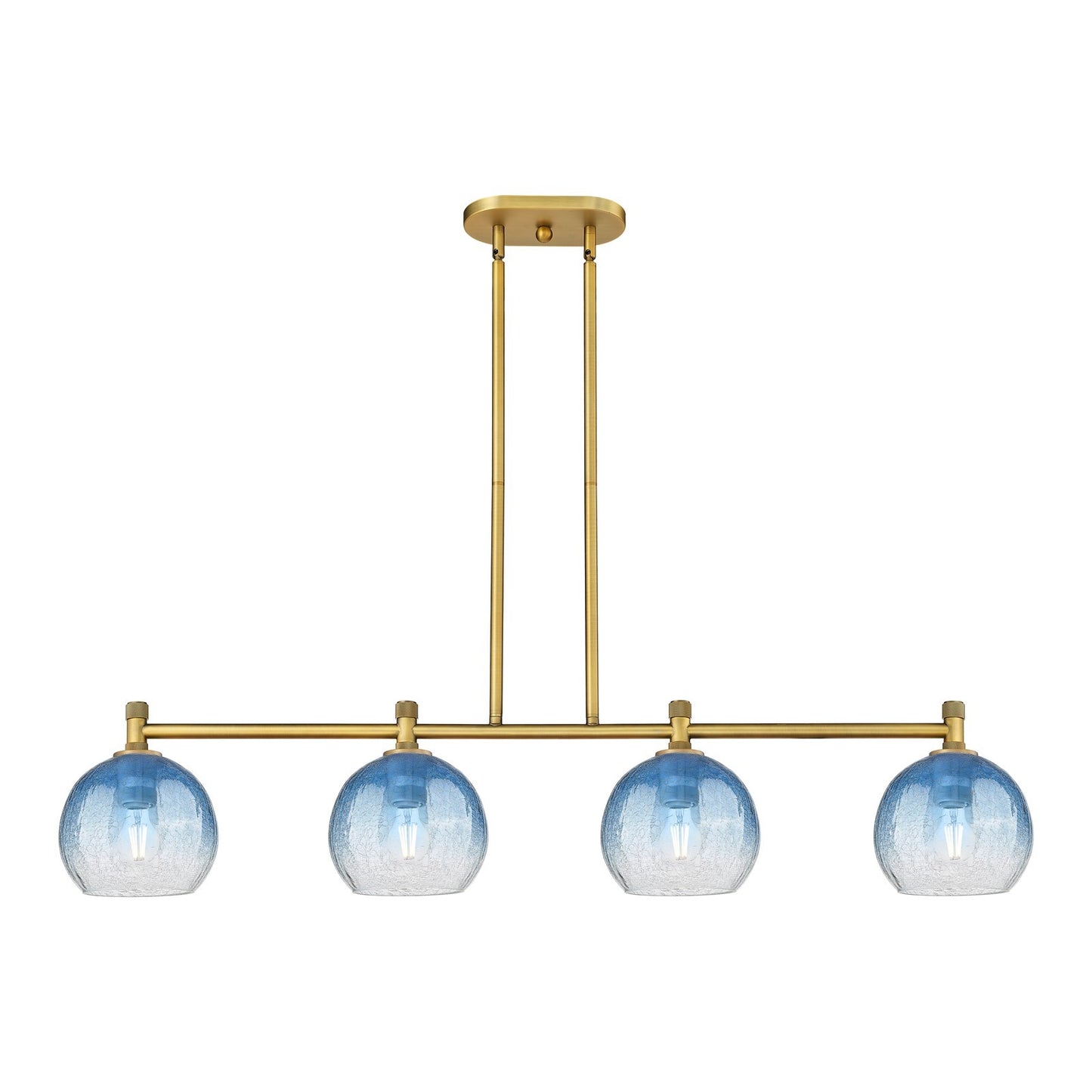 Innovations Brookhaven Globe 48in 4-Light Island Light | Industrial Brushed Brass and Sapphire Blue Glass | Kitchen Island | Model 434-4I-BB-G483-8SB