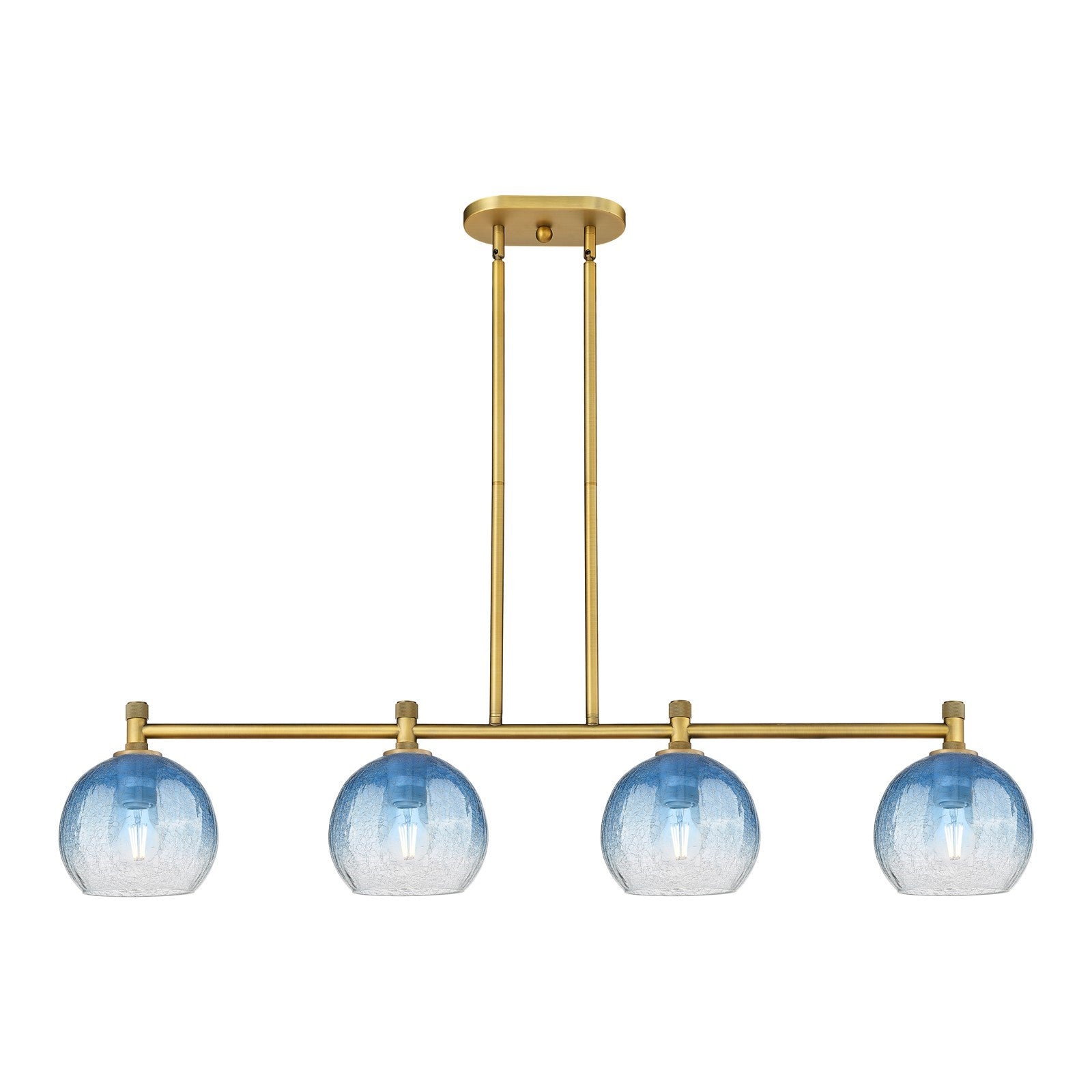 Innovations Brookhaven Globe 48in 4-Light Island Light | Industrial Brushed Brass and Sapphire Blue Glass | Kitchen Island | Model 434-4I-BB-G483-8SB
