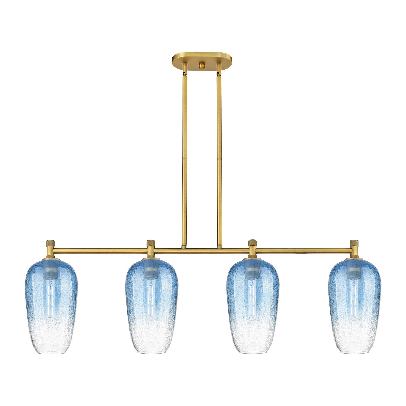 Innovations Brookhaven Flute 47in 4-Light Island | Industrial Brushed Brass and Sapphire Blue Glass | Kitchen Island | Model 434-4I-BB-G484-7SB