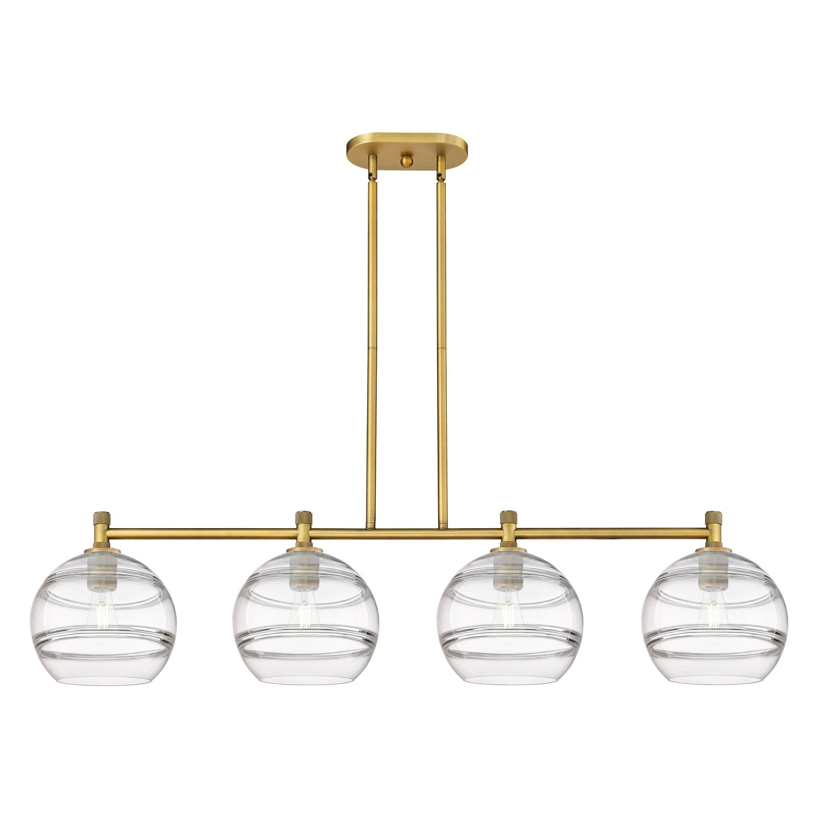 Innovations Rochester 50in 4-Light Island | Industrial Brushed Brass and Clear Glass | Kitchen Island & Dining Room | Model 434-4I-BB-G556-10CL