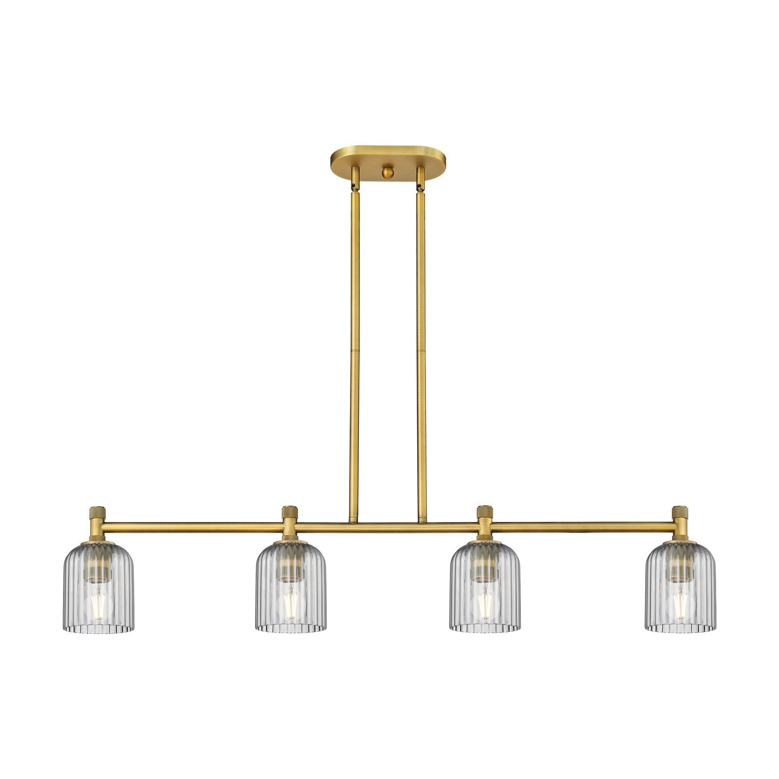 Innovations Crown Point 45in 4-Light Island Light | Industrial Brushed Brass and Light Smoke Glass | Kitchen Island | Model 434-4I-BB-G559-5SM