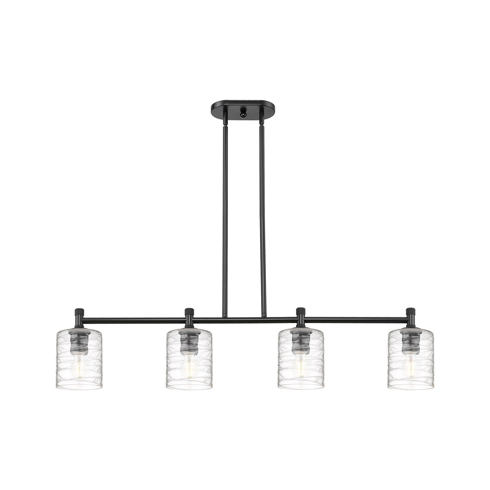 Innovations Cobbleskill 45in 4-Light Island | Industrial Matte Black and Deco Swirl Glass | Kitchen Island & Dining Room | Model 434-4I-BK-G1113