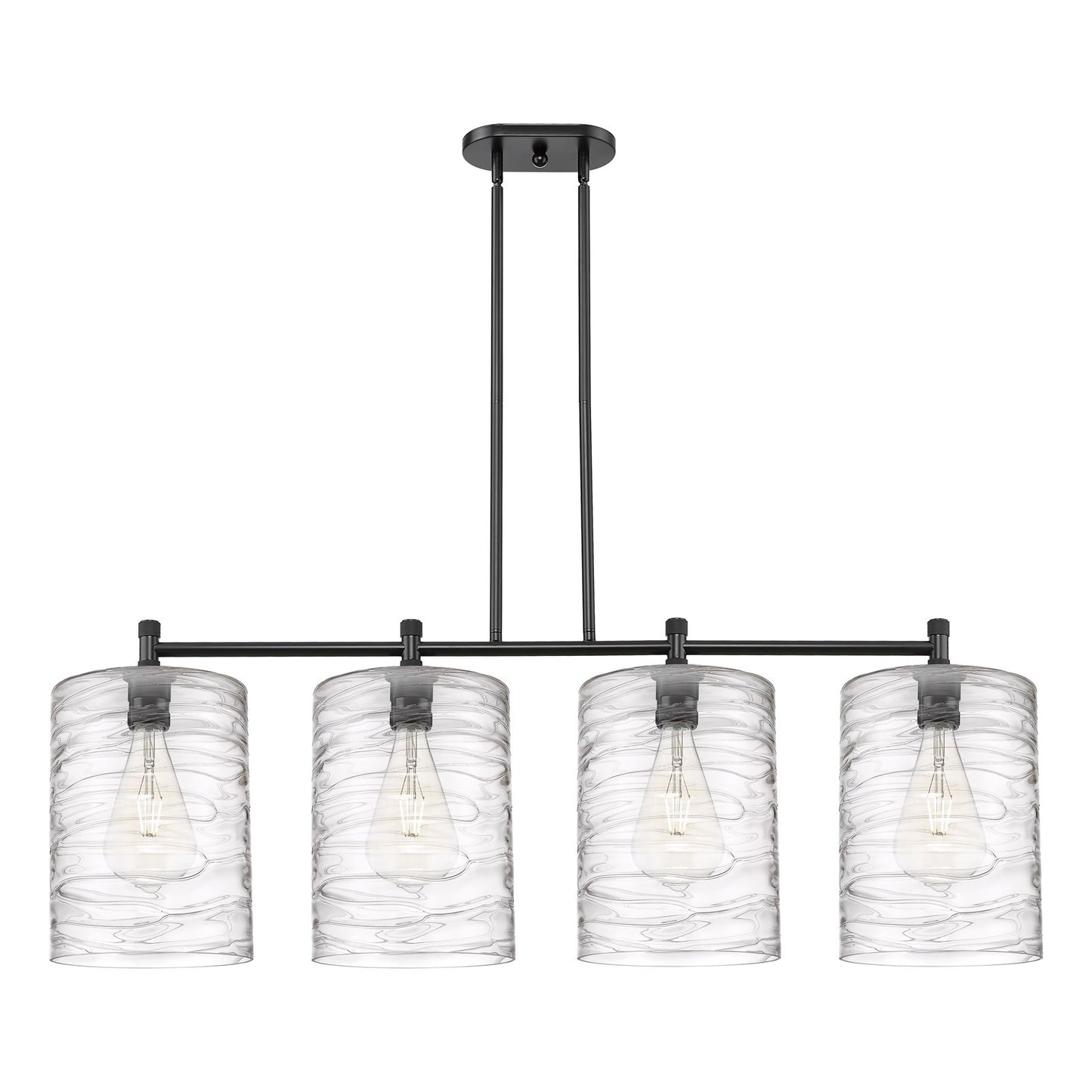 Innovations Cobbleskill 49in 4-Light Island | Industrial Matte Black and Deco Swirl Glass | Kitchen Island & Dining Room | Model 434-4I-BK-G1113-L