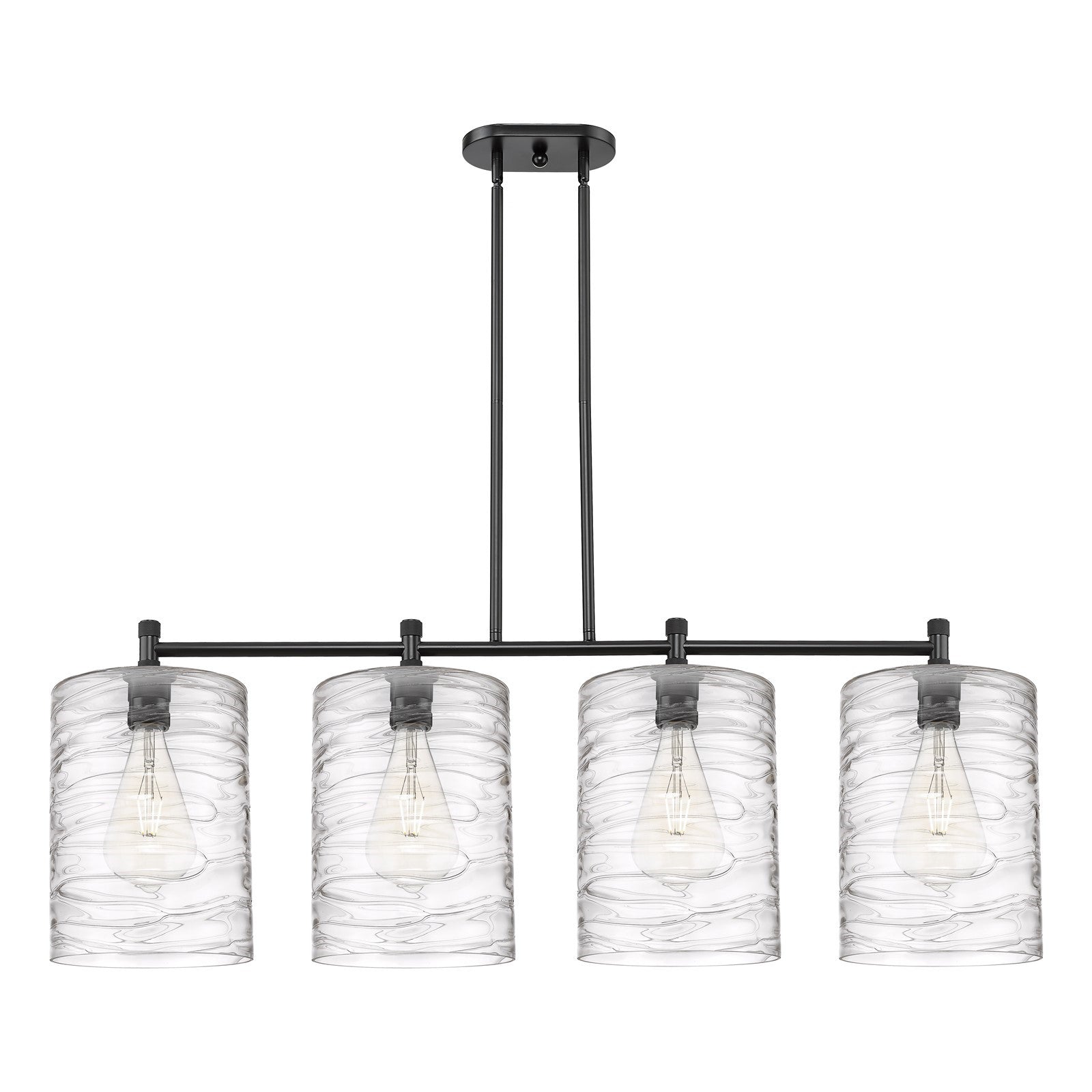 Innovations Cobbleskill 49in 4-Light Island | Industrial Matte Black and Deco Swirl Glass | Kitchen Island & Dining Room | Model 434-4I-BK-G1113-L