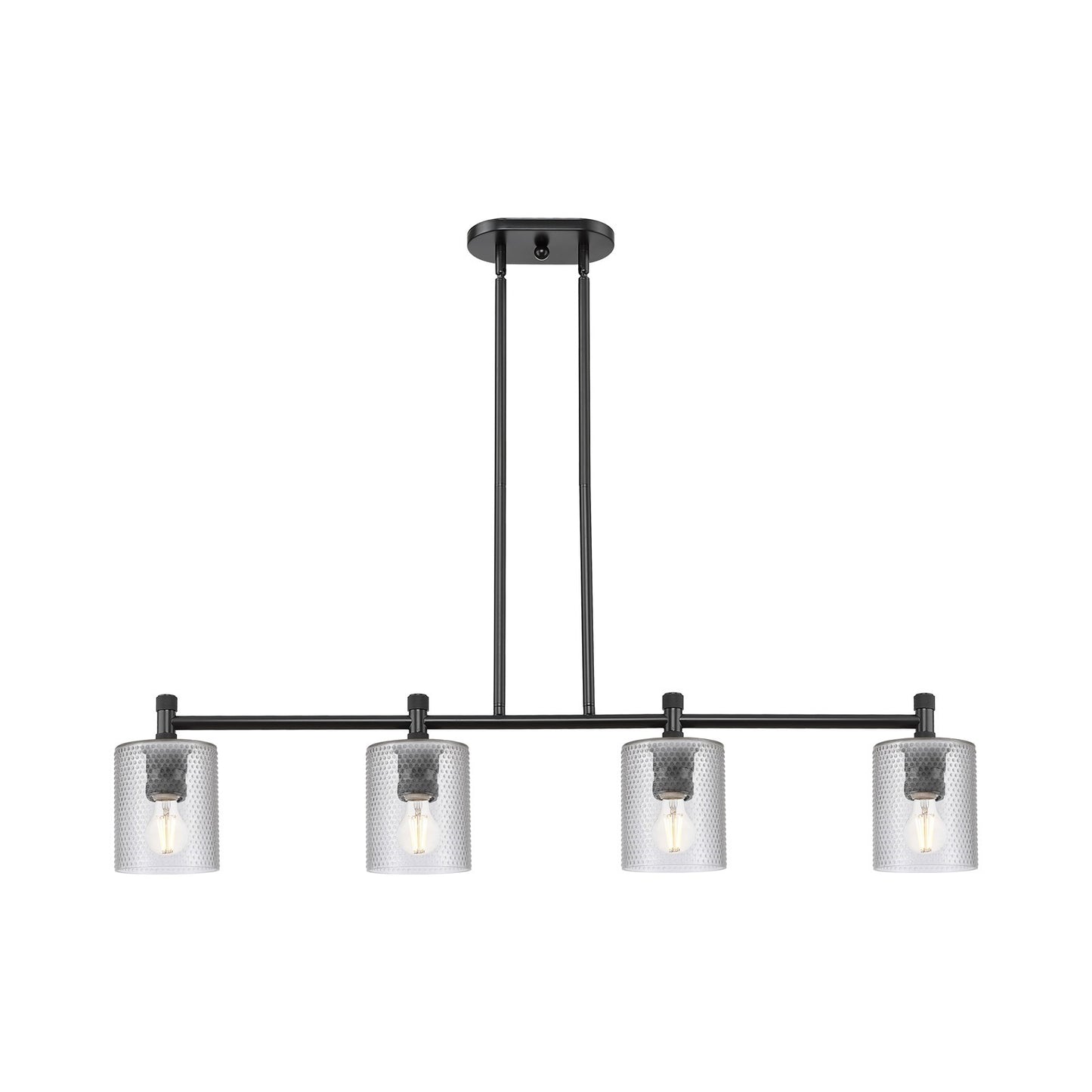 Innovations Cobbleskill 45in 4-Light Island | Industrial Matte Black and Clear Glass | Kitchen Island & Dining Room | Model 434-4I-BK-G112
