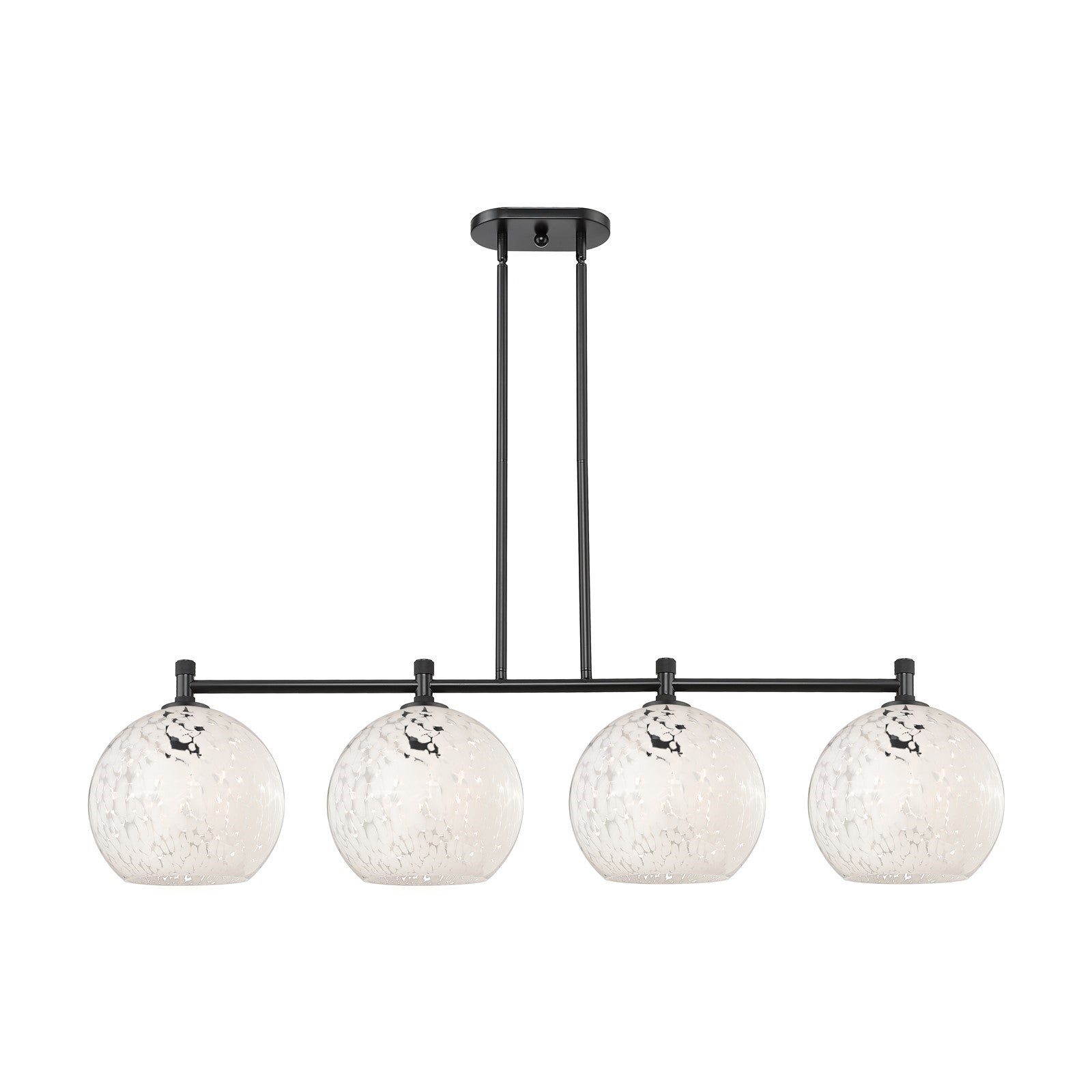Innovations White Mouchette 50in 4-Light Island Pendant | Industrial Matte Black and White Mouchette Glass | Kitchen | Model 434-4I-BK-G1216-10WM