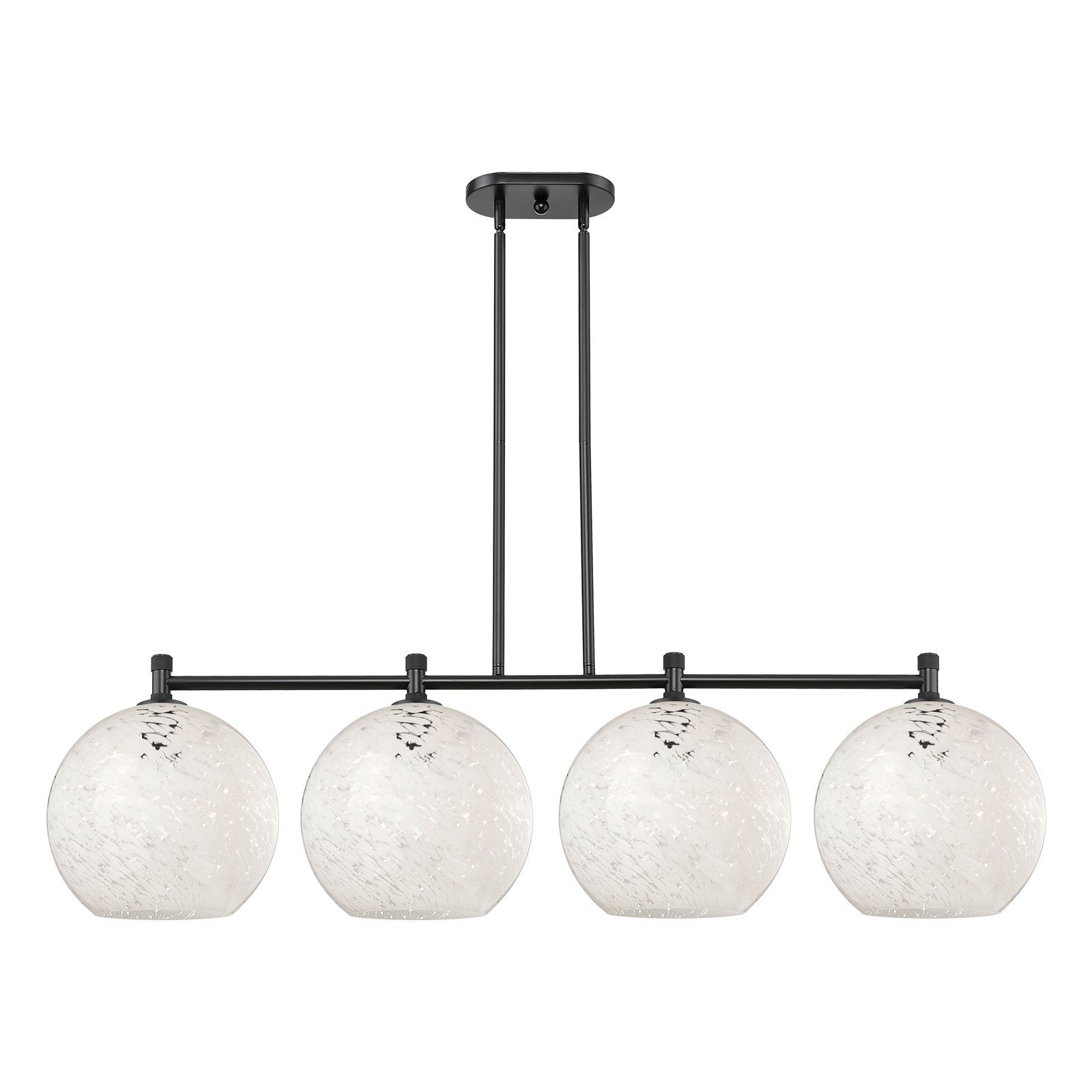Innovations White Mouchette 52in 4-Light Island Pendant | Industrial Matte Black and White Mouchette Glass | Kitchen | Model 434-4I-BK-G1216-12WM