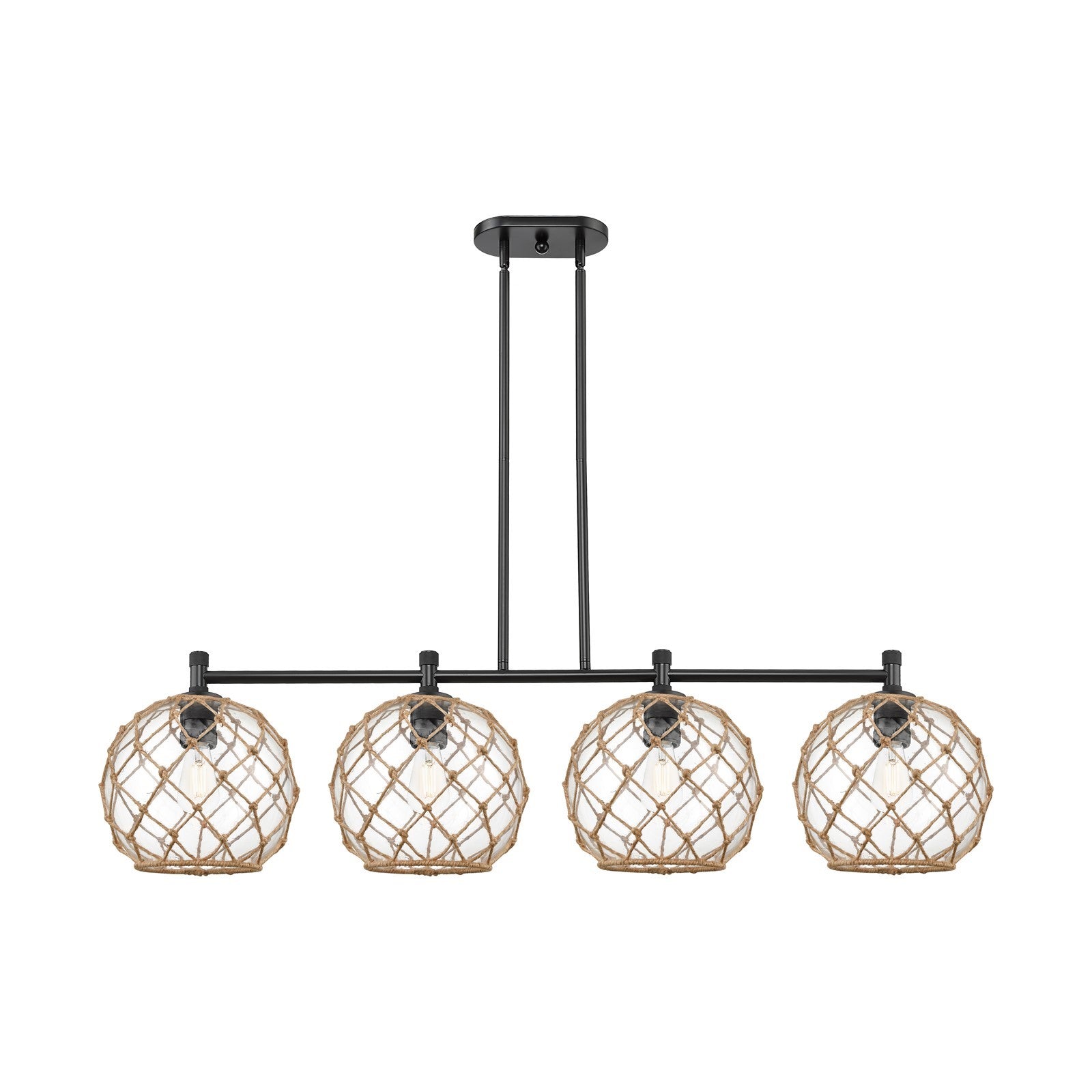Innovations Farmhouse Rope 50in 4-Light Island | Industrial Matte Black and Clear Glass Brown Rope | Kitchen Island | Model 434-4I-BK-G122-10RB