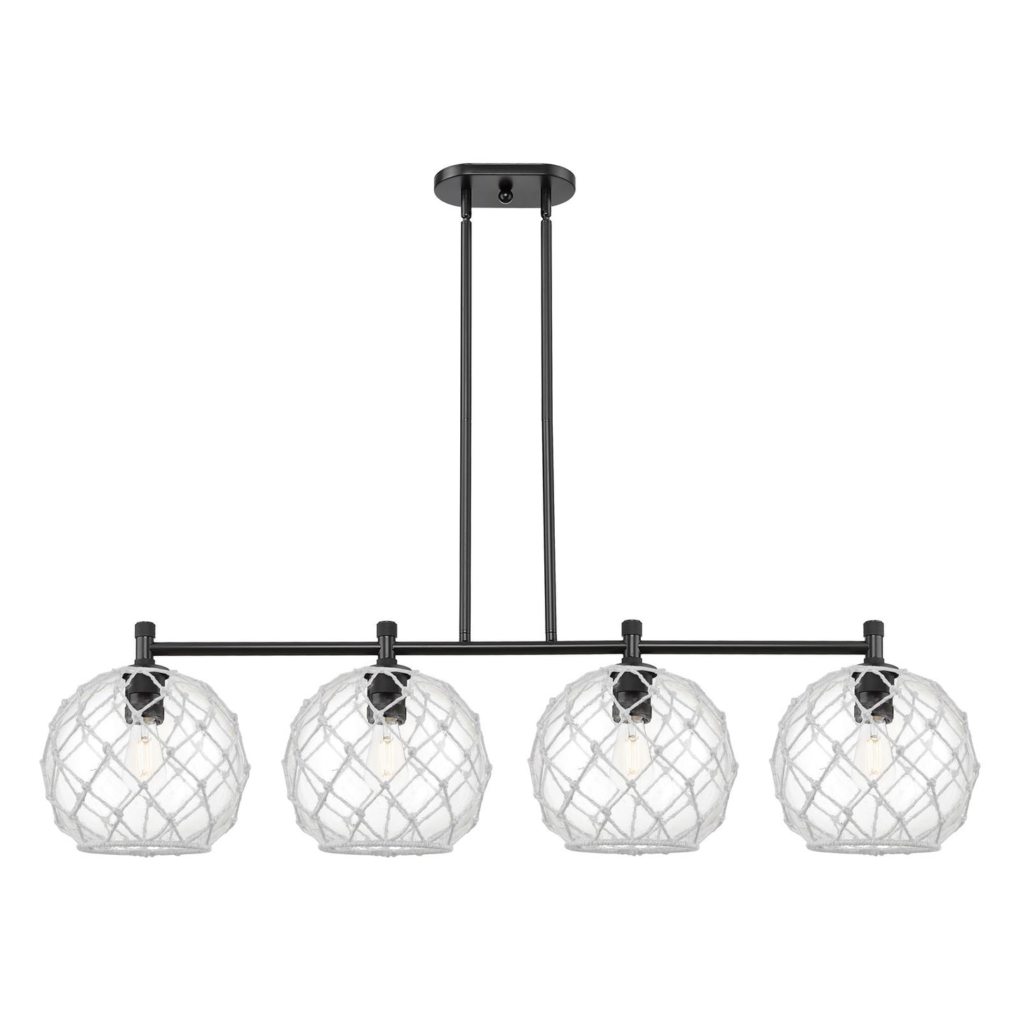 Innovations Farmhouse Rope 50in 4-Light Island | Industrial Matte Black and Clear Glass White Rope | Kitchen Island | Model 434-4I-BK-G122-10RW