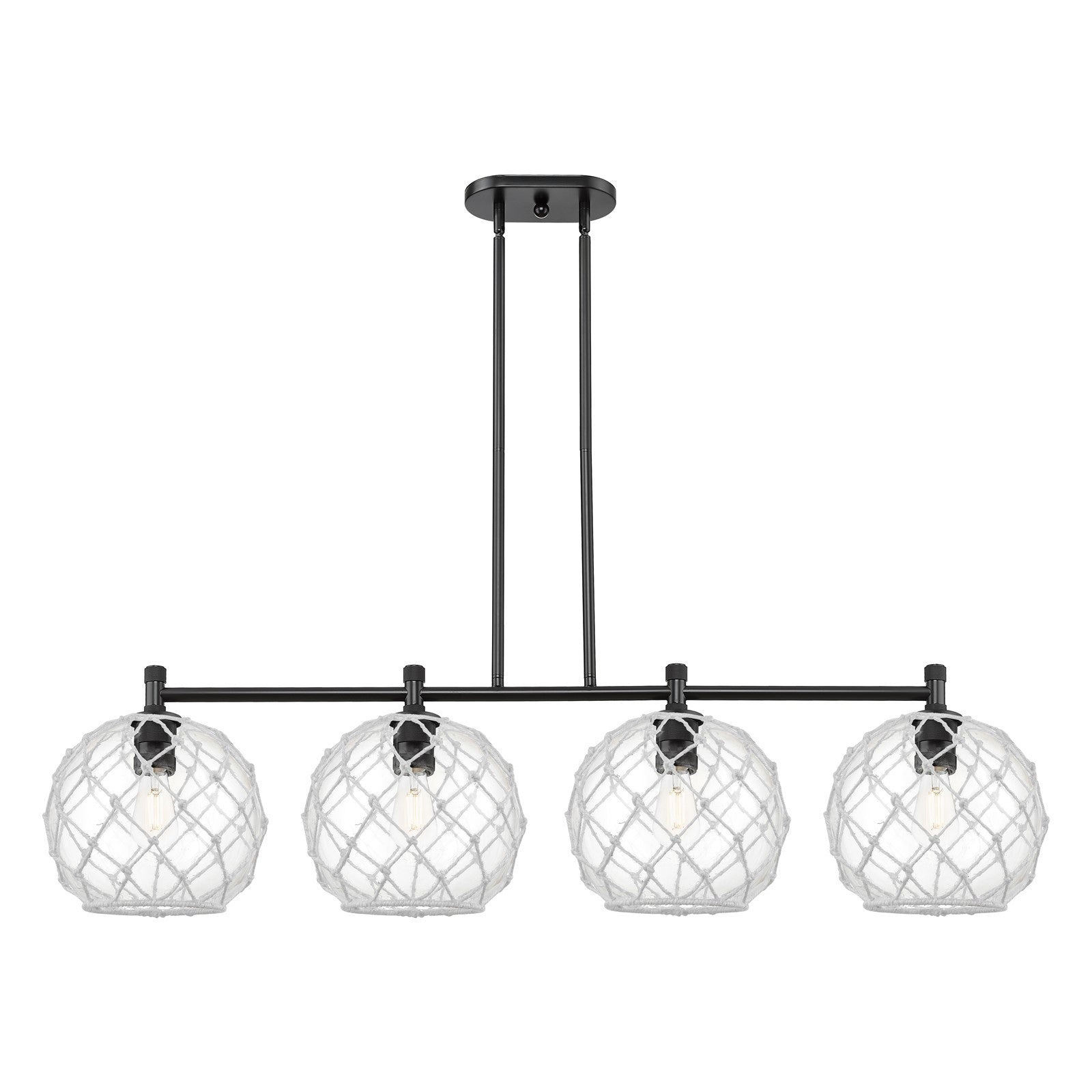Innovations Farmhouse Rope 50in 4-Light Island | Industrial Matte Black and Clear Glass White Rope | Kitchen Island | Model 434-4I-BK-G122-10RW