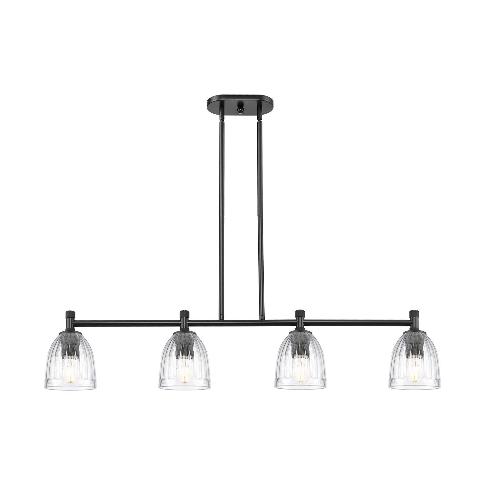 Innovations Brookfield 46in 4-Light Island Light | Industrial Matte Black and Clear Glass | Kitchen Island & Dining Room | Model 434-4I-BK-G442