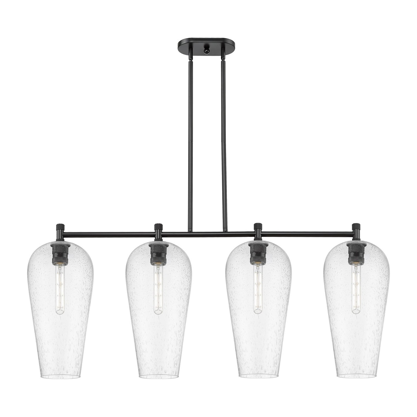 Innovations Chelsea 48in 4-Light Island | Industrial Matte Black and Seedy Glass | Kitchen Island & Dining Room | Model 434-4I-BK-G456-8SDY