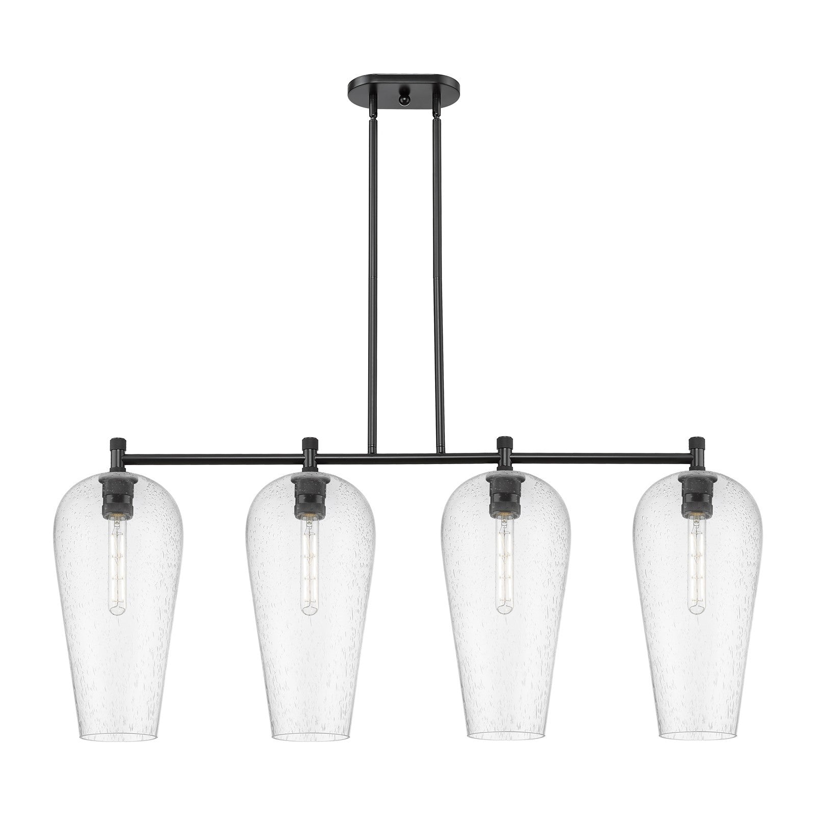 Innovations Chelsea 48in 4-Light Island | Industrial Matte Black and Seedy Glass | Kitchen Island & Dining Room | Model 434-4I-BK-G456-8SDY