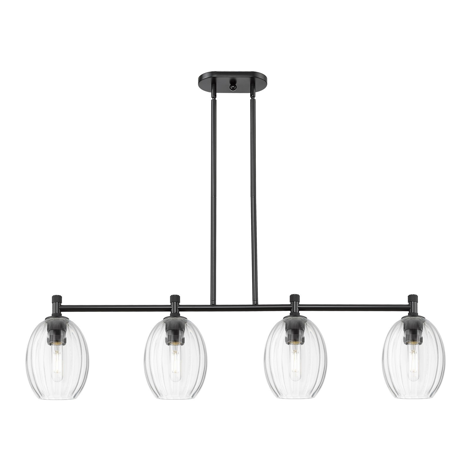 Innovations Preston Bulb 46.5in 4-Light Island Light | Industrial Matte Black and Clear Glass | Kitchen Island & Dining | Model 434-4I-BK-G459-6CL