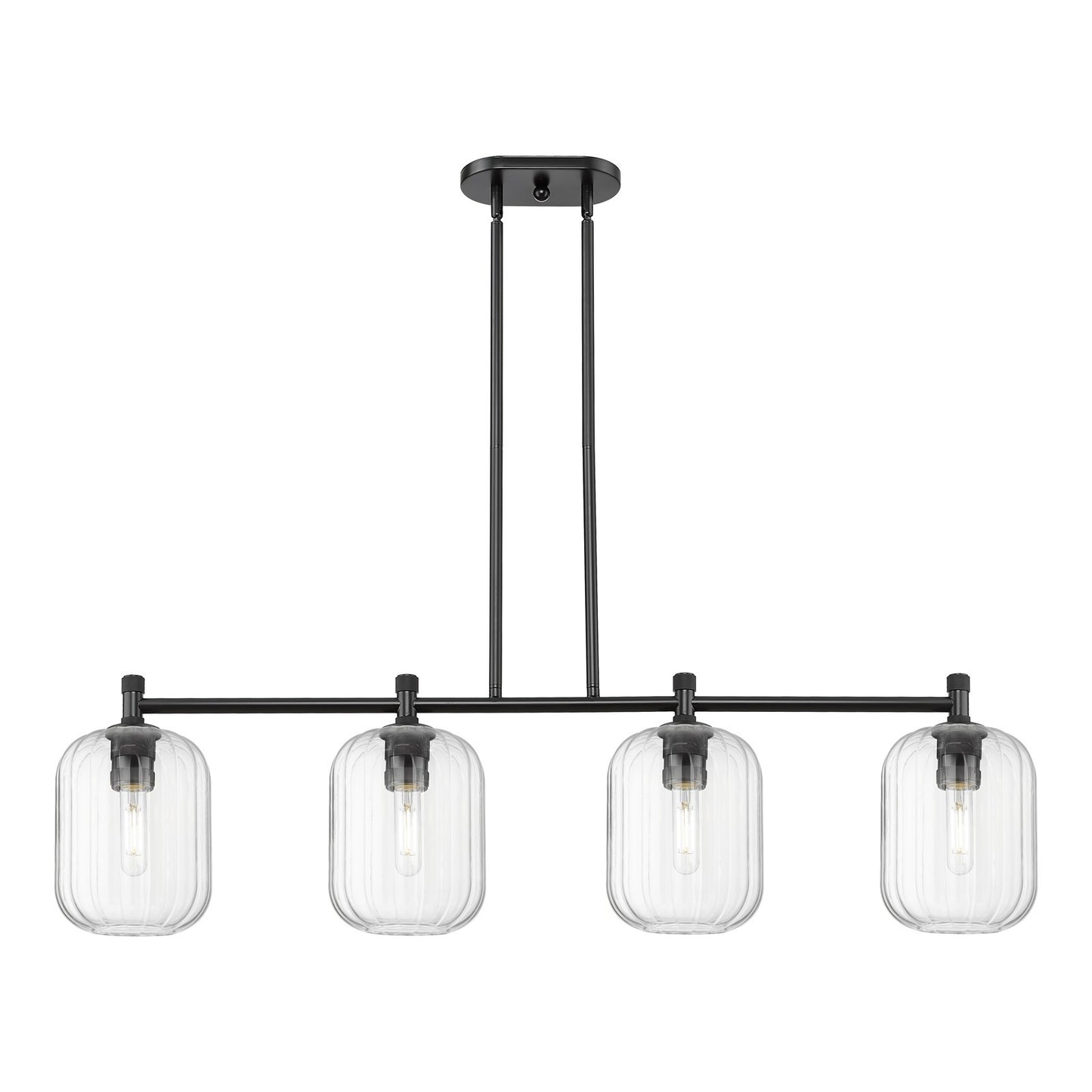 Innovations Preston Cylinder 47in 4-Light Island Light | Industrial Matte Black and Clear Glass | Kitchen Island & Dining | Model 434-4I-BK-G460-7CL
