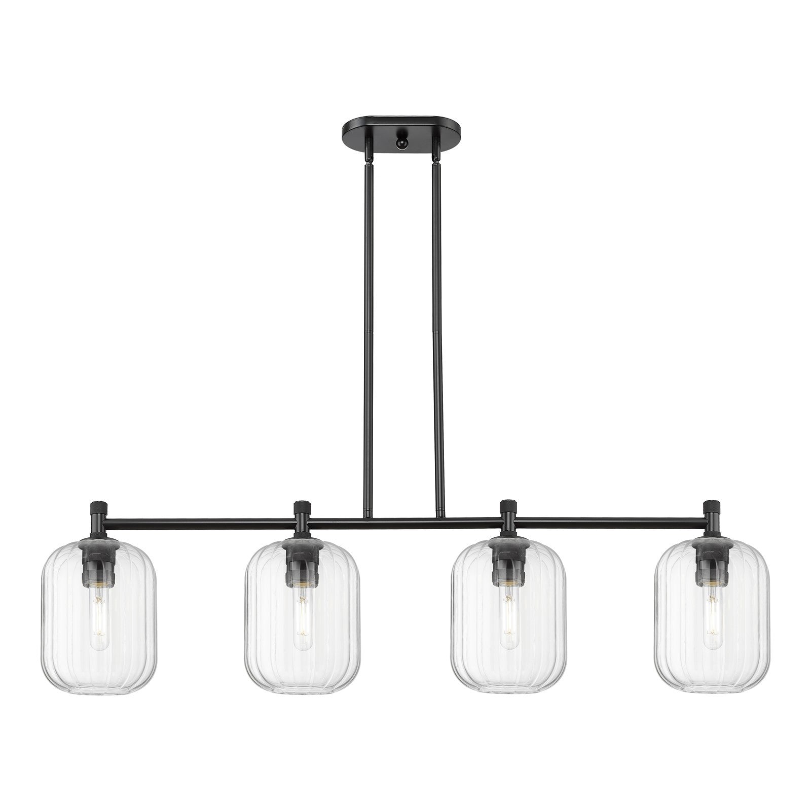 Innovations Preston Cylinder 47in 4-Light Island Light | Industrial Matte Black and Clear Glass | Kitchen Island & Dining | Model 434-4I-BK-G460-7CL