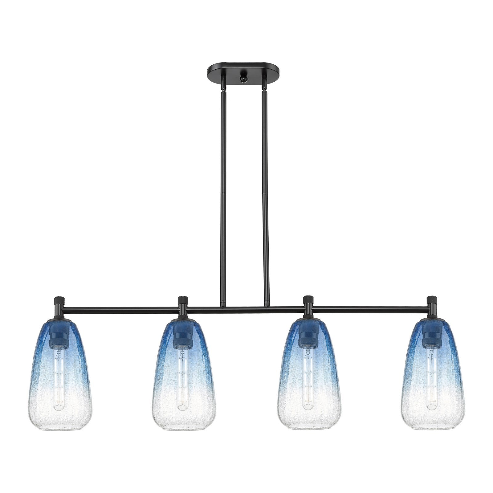 Innovations Brookhaven Almond 46in 4-Light Island Light | Industrial Matte Black and Sapphire Blue Glass | Kitchen Island | Model 434-4I-BK-G480-6SB