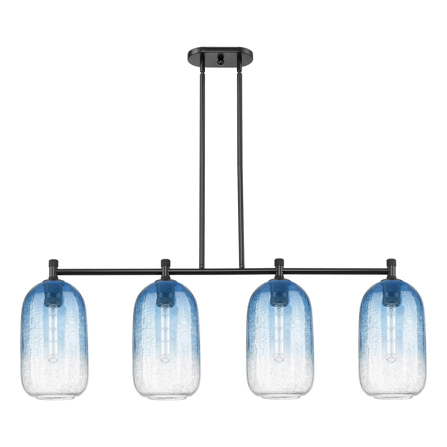 Innovations Brookhaven Cloche 47in 4-Light Island Light | Industrial Matte Black and Sapphire Blue Glass | Kitchen Island | Model 434-4I-BK-G482-7SB