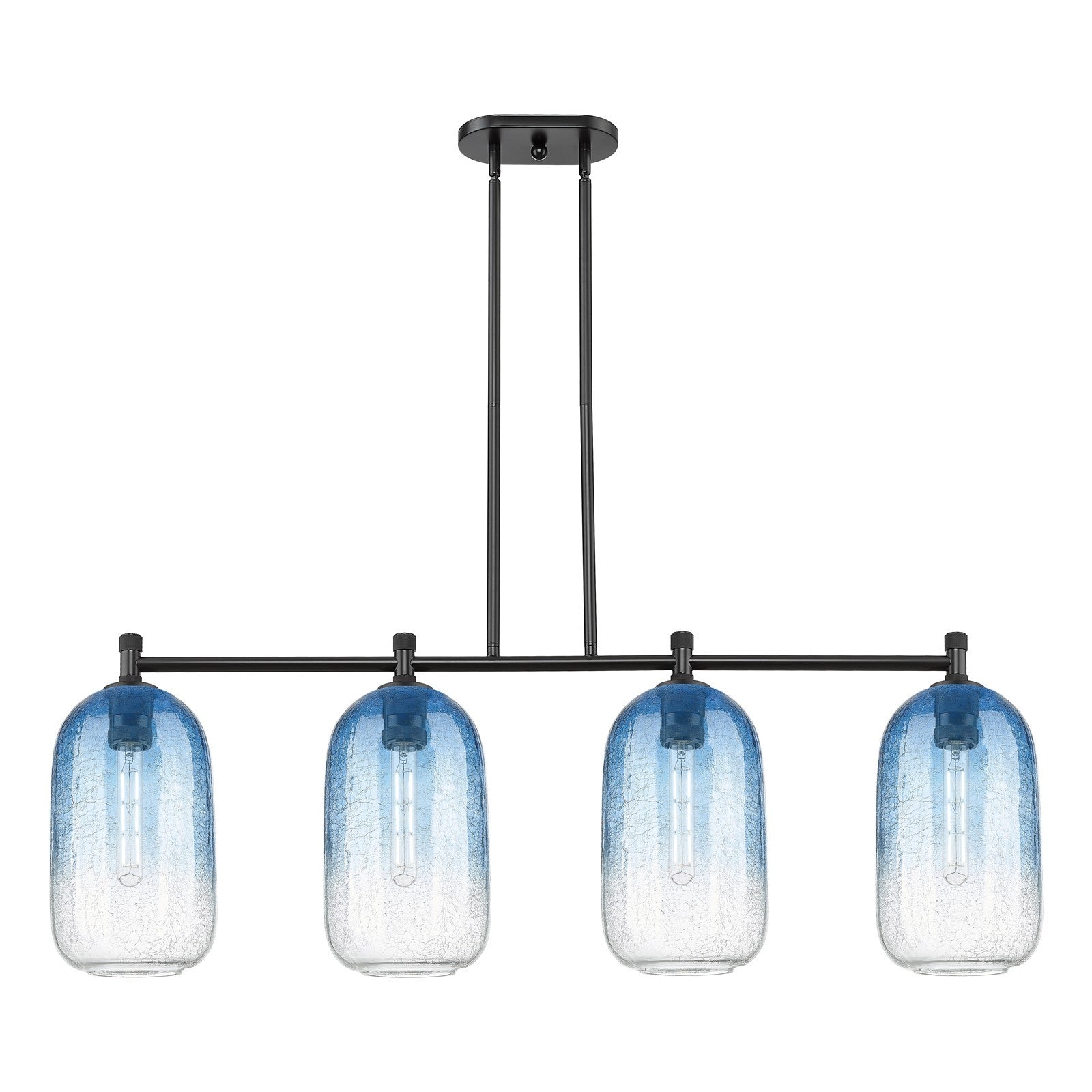 Innovations Brookhaven Cloche 47in 4-Light Island Light | Industrial Matte Black and Sapphire Blue Glass | Kitchen Island | Model 434-4I-BK-G482-7SB
