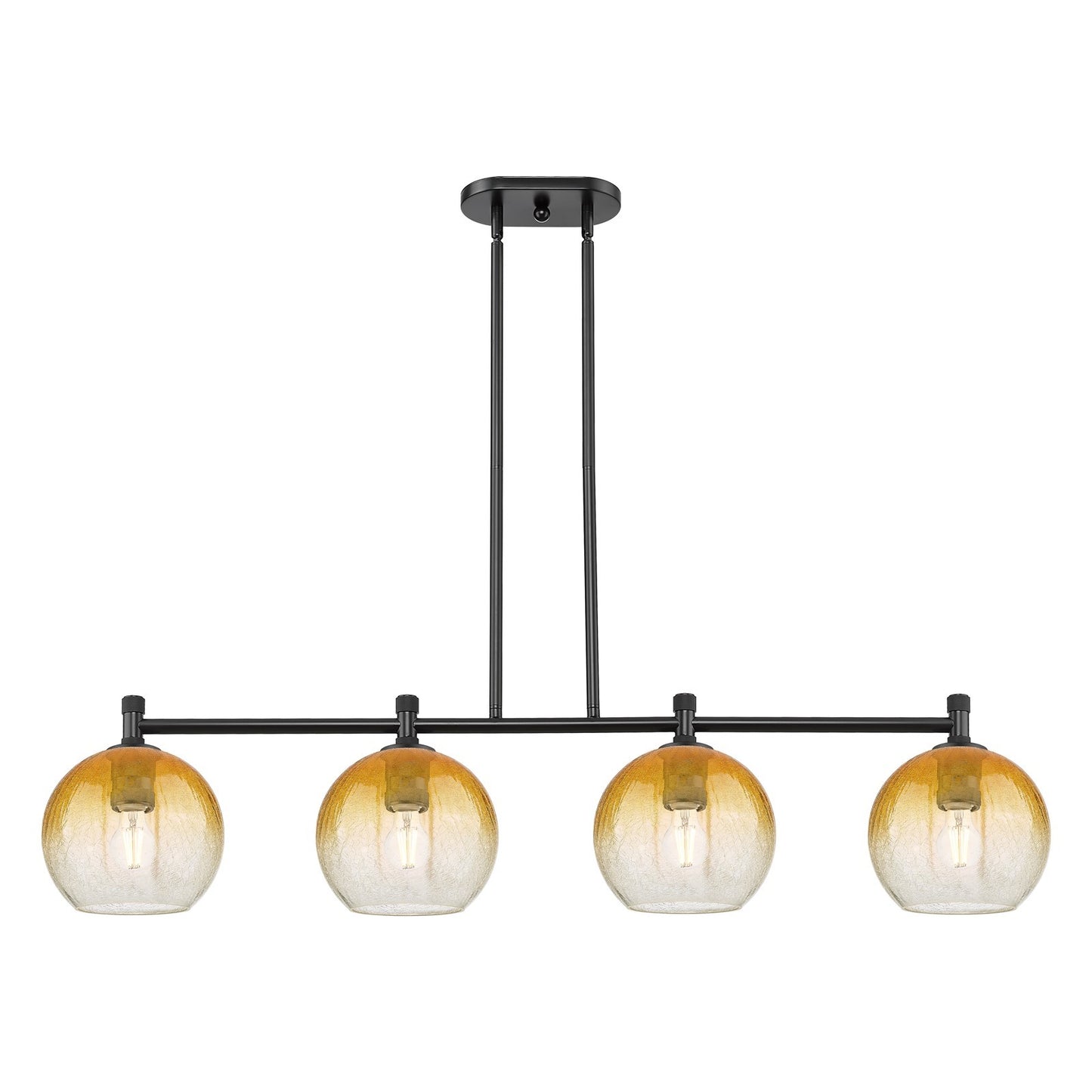 Innovations Brookhaven Globe 48in 4-Light Island Light | Industrial Matte Black and Amber Glass | Kitchen Island & Dining | Model 434-4I-BK-G483-8AM