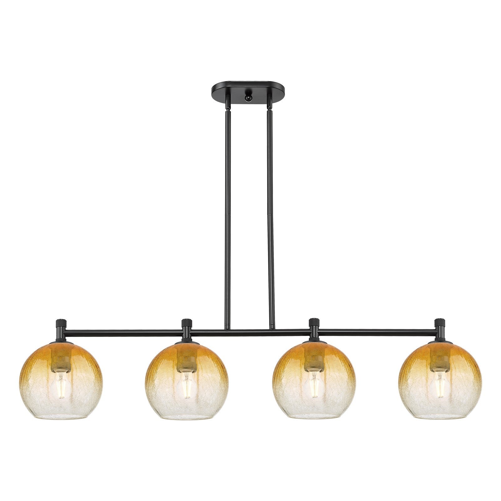 Innovations Brookhaven Globe 48in 4-Light Island Light | Industrial Matte Black and Amber Glass | Kitchen Island & Dining | Model 434-4I-BK-G483-8AM