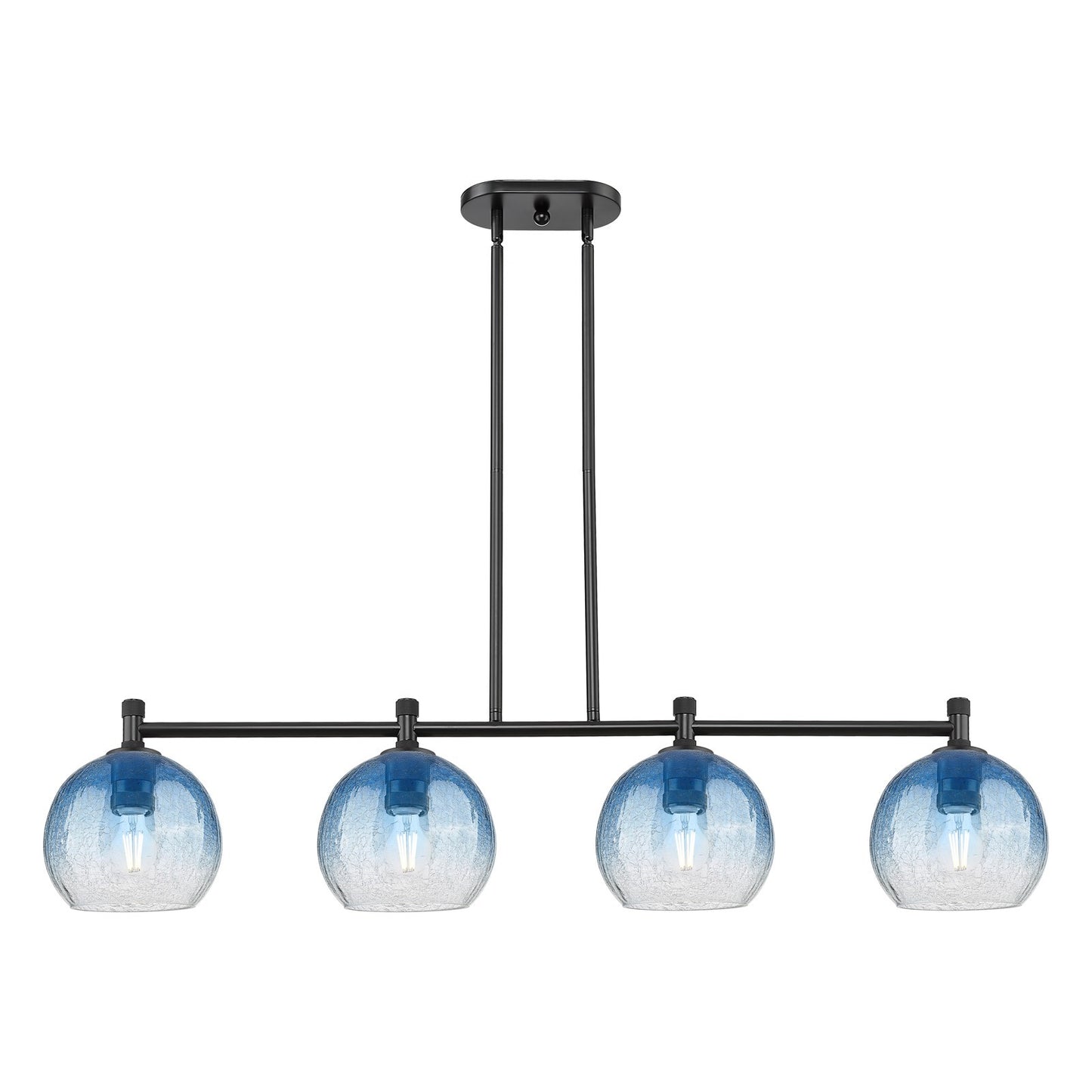 Innovations Brookhaven Globe 48in 4-Light Island Light | Industrial Matte Black and Sapphire Blue Glass | Kitchen Island | Model 434-4I-BK-G483-8SB