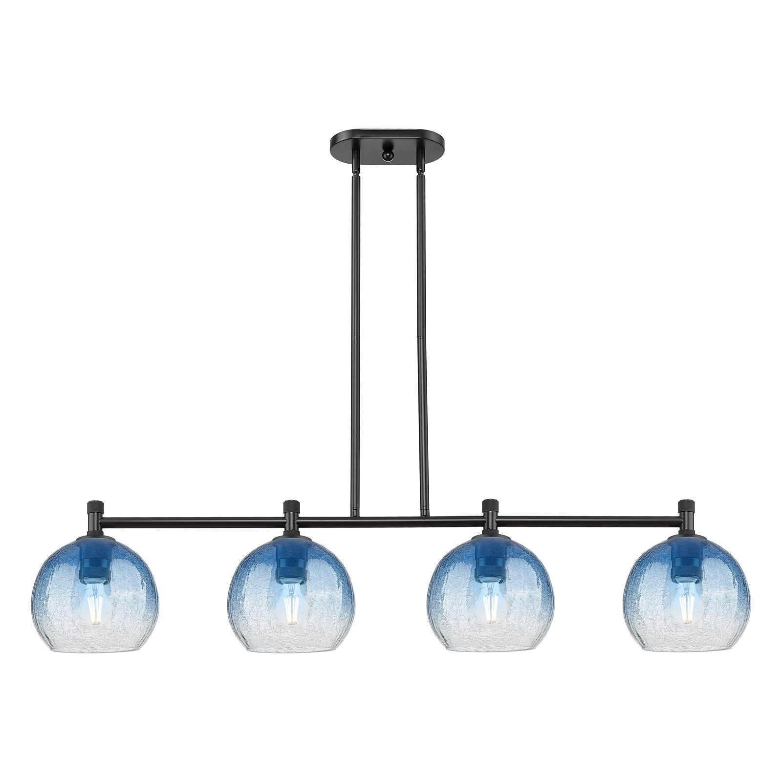 Innovations Brookhaven Globe 48in 4-Light Island Light | Industrial Matte Black and Sapphire Blue Glass | Kitchen Island | Model 434-4I-BK-G483-8SB