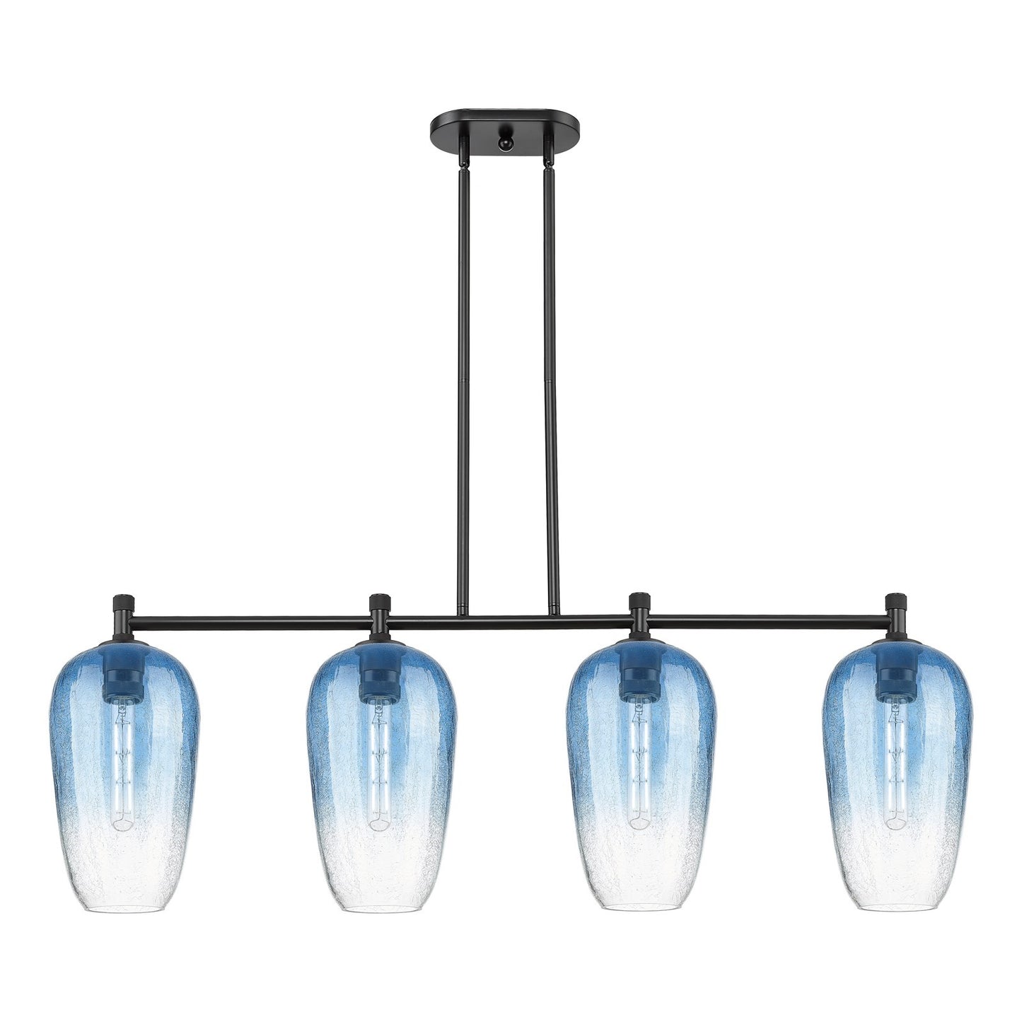 Innovations Brookhaven Flute 47in 4-Light Island Light | Industrial Matte Black and Sapphire Blue Glass | Kitchen Island | Model 434-4I-BK-G484-7SB