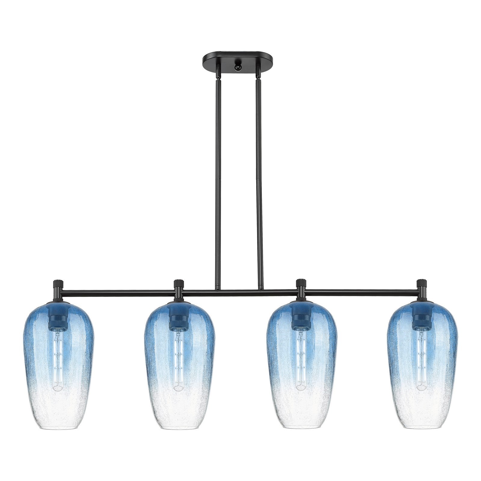 Innovations Brookhaven Flute 47in 4-Light Island Light | Industrial Matte Black and Sapphire Blue Glass | Kitchen Island | Model 434-4I-BK-G484-7SB