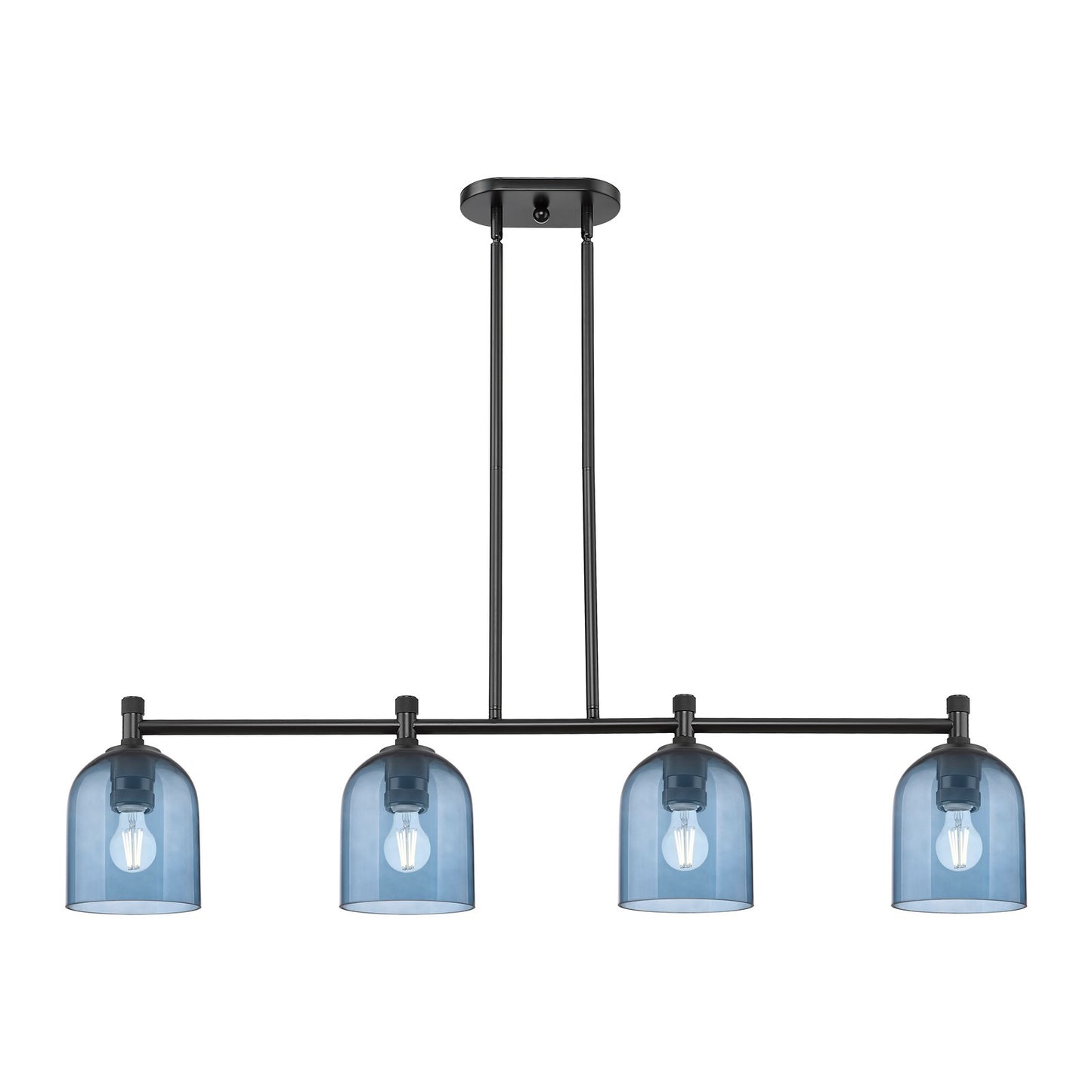 Innovations Bella 46in 4-Light Island Light | Industrial Matte Black and Blue Glass | Kitchen Island & Dining Room | Model 434-4I-BK-G558-6BL