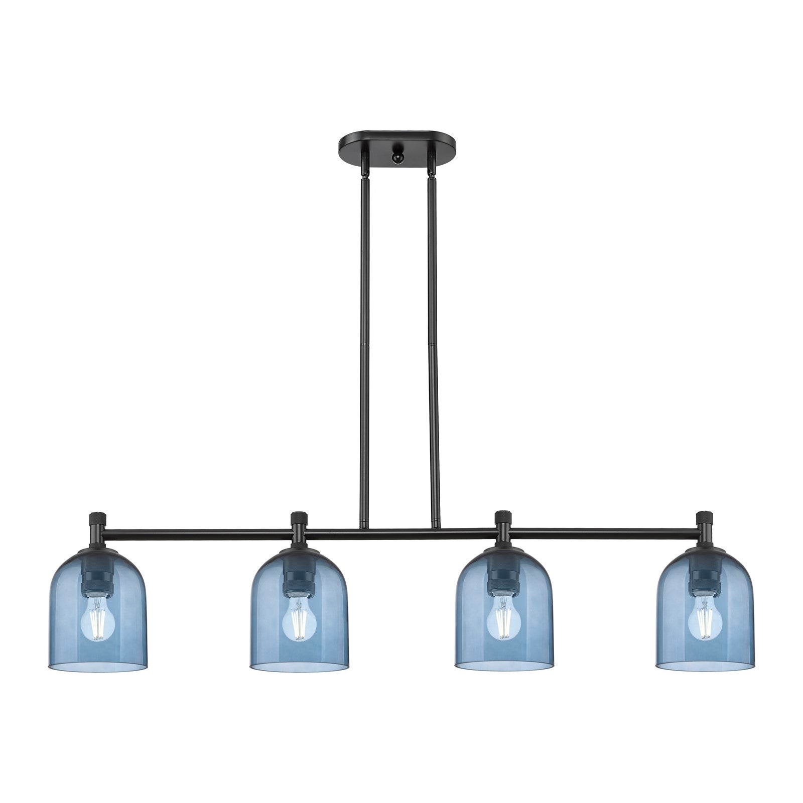 Innovations Bella 46in 4-Light Island Light | Industrial Matte Black and Blue Glass | Kitchen Island & Dining Room | Model 434-4I-BK-G558-6BL
