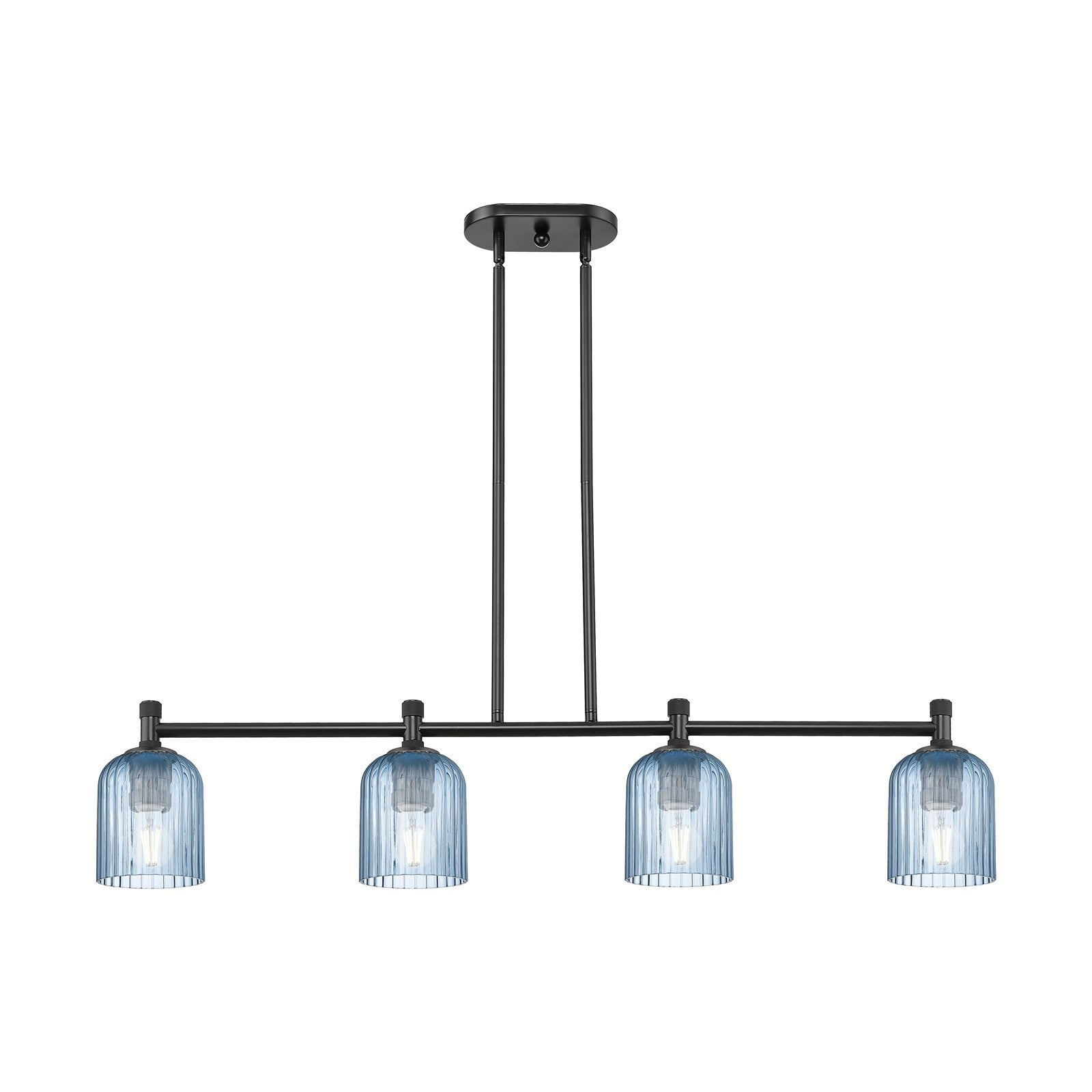 Innovations Crown Point 45in 4-Light Island Light | Industrial Matte Black and Princess Blue Glass | Kitchen Island | Model 434-4I-BK-G559-5BL