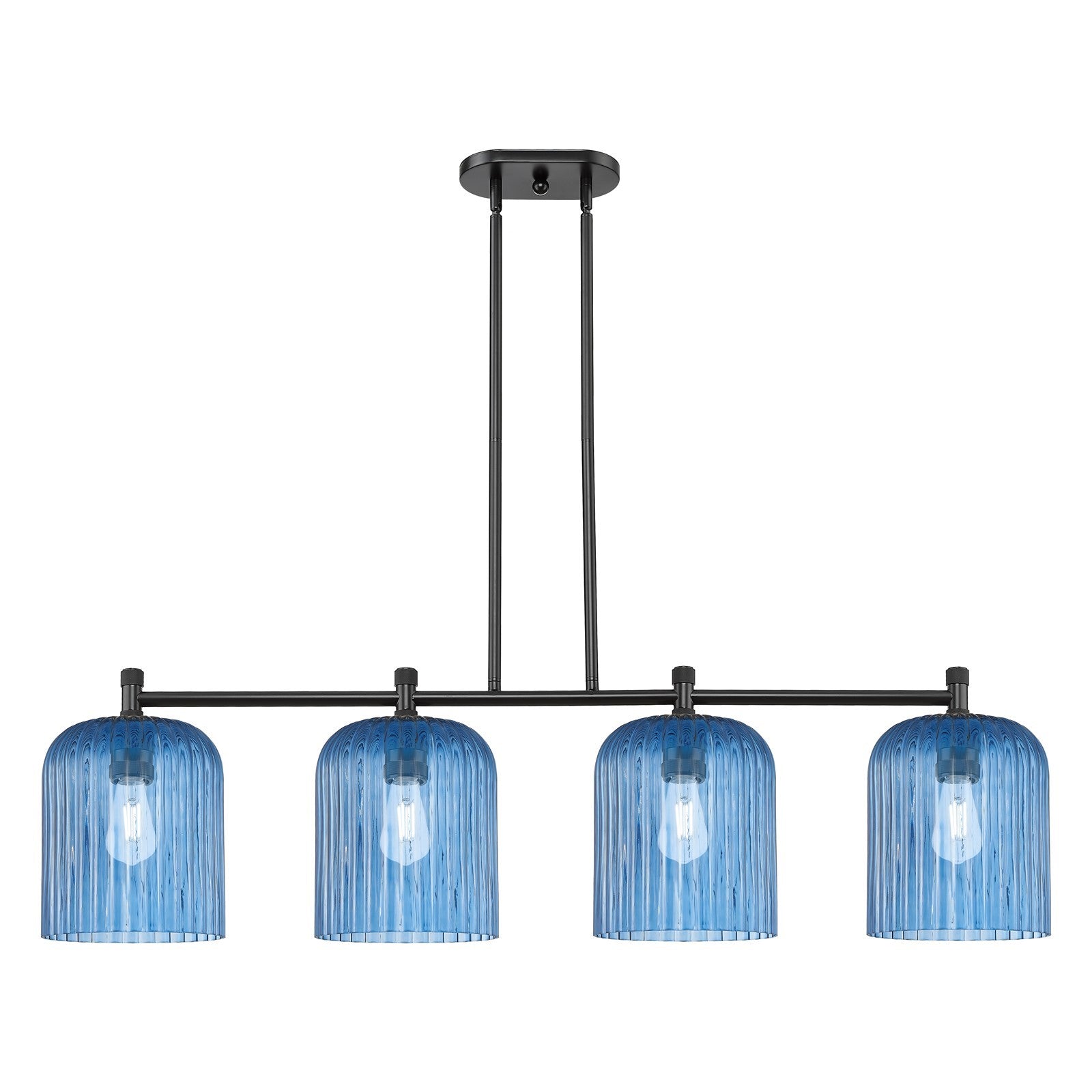 Innovations Crown Point 48in 4-Light Island Light | Industrial Matte Black and Princess Blue Glass | Kitchen Island | Model 434-4I-BK-G559-8BL