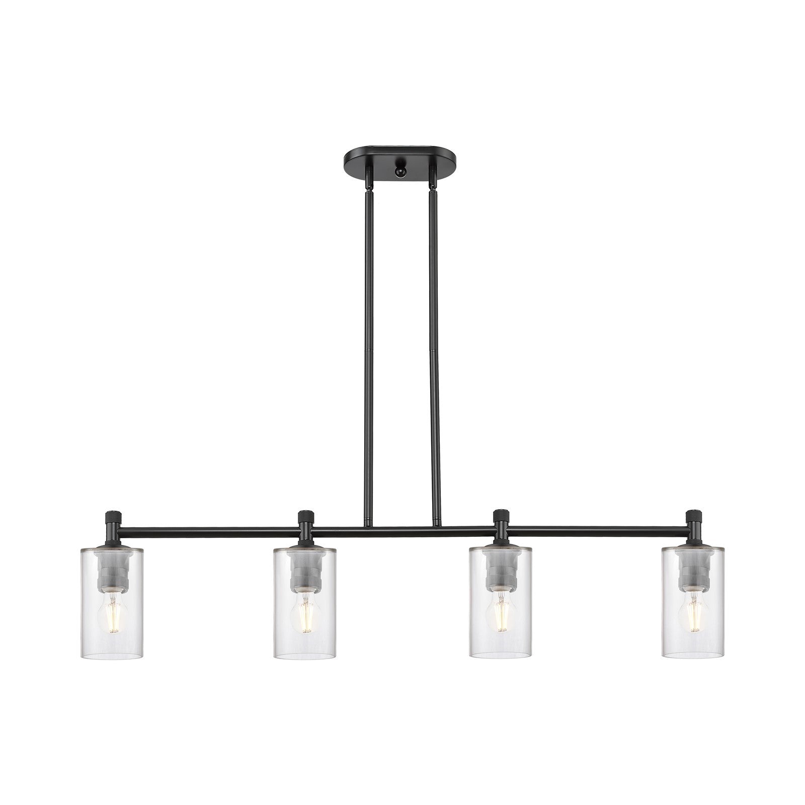 Innovations Clymer 44in 4-Light Island Light | Industrial Matte Black and Clear Glass | Kitchen Island & Dining Room | Model 434-4I-BK-G802