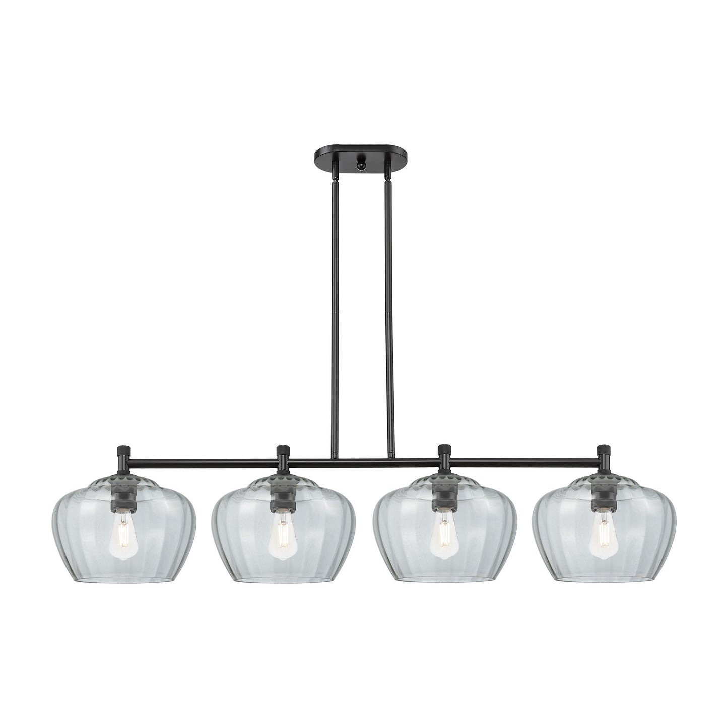 Innovations Fenton 51in 4-Light Island Light | Industrial Matte Black and Clear Ribbed Glass | Kitchen Island & Dining Room | Model 434-4I-BK-G92-L
