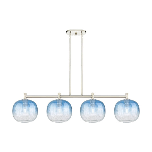 Innovations Brookhaven Sphere 50in 4-Light Island Light | Industrial Polished Nickel and Sapphire Blue Glass | Kitchen | Model 434-4I-PN-G481-10SB